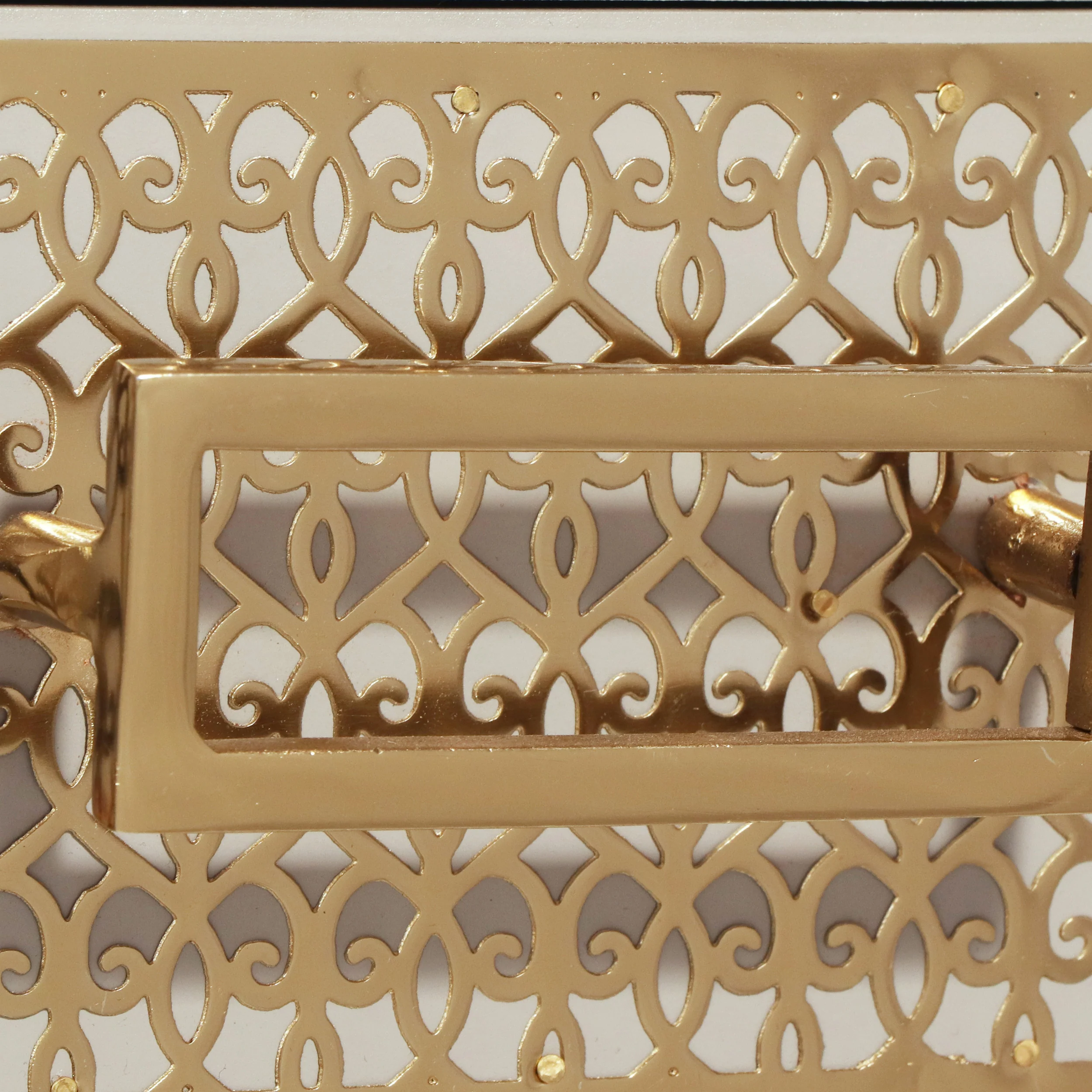 Sonnette Modern Glam Handcrafted Scroll Mesh Nightstand, Light Gray and Gold - furnishings