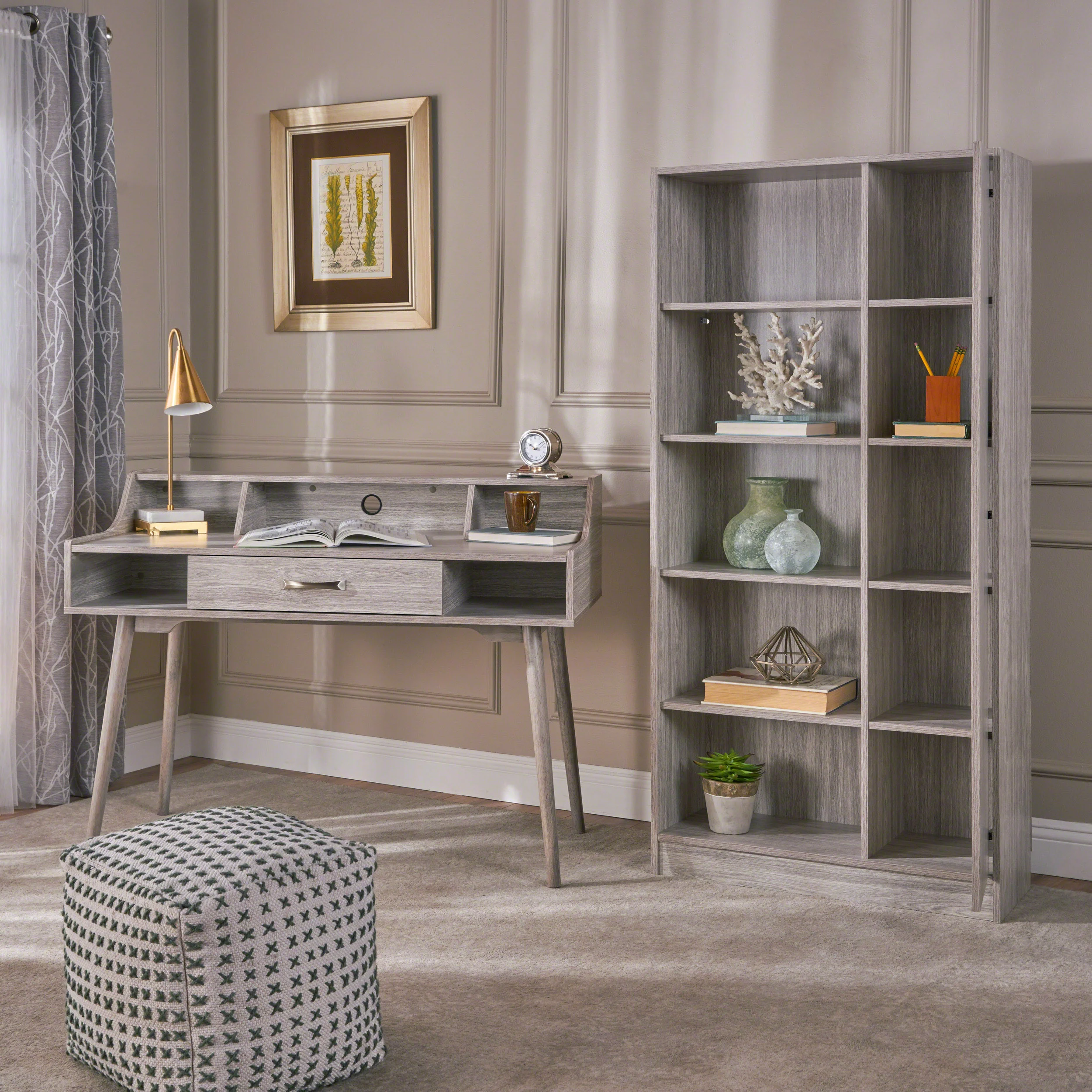 Belinda Mid Century Modern Office Desk And Bookcase Set - furnishings