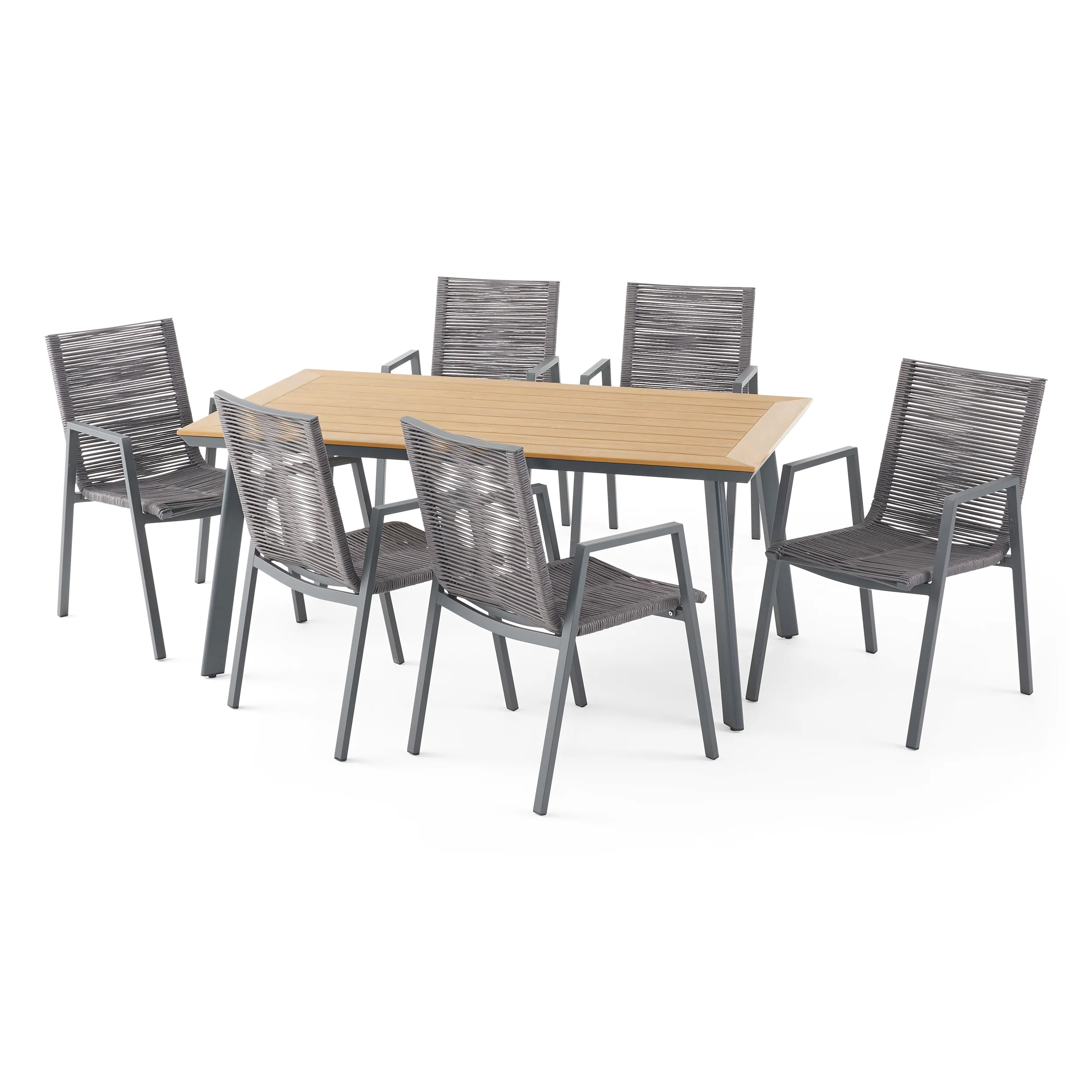 Asir Outdoor Modern 6 Seater Aluminum Dining Set with Faux Wood Table Top - furnishings