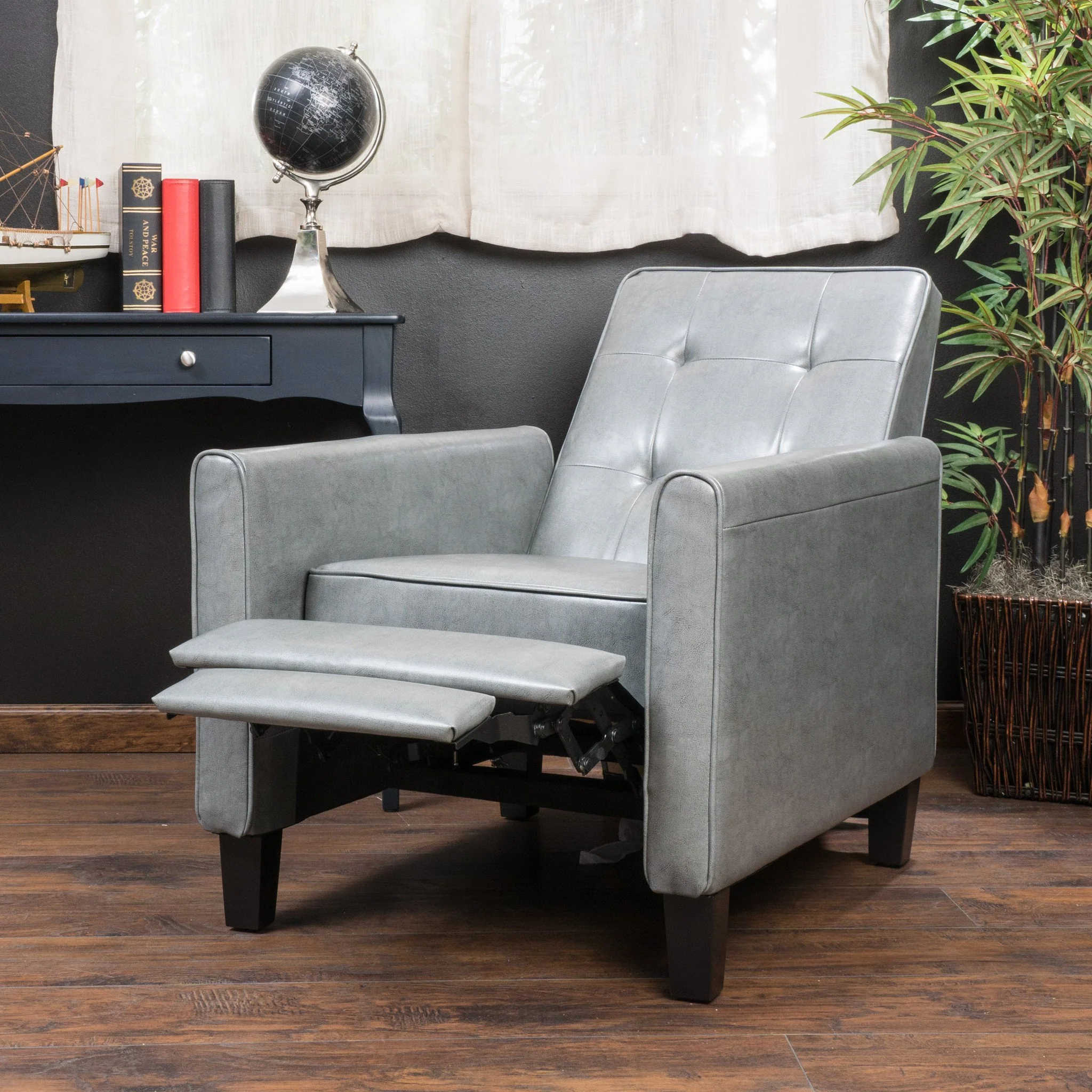 Elan Contemporary Tufted Dark Gray Bonded Leather Recliner with Tapered Legs - furnishings