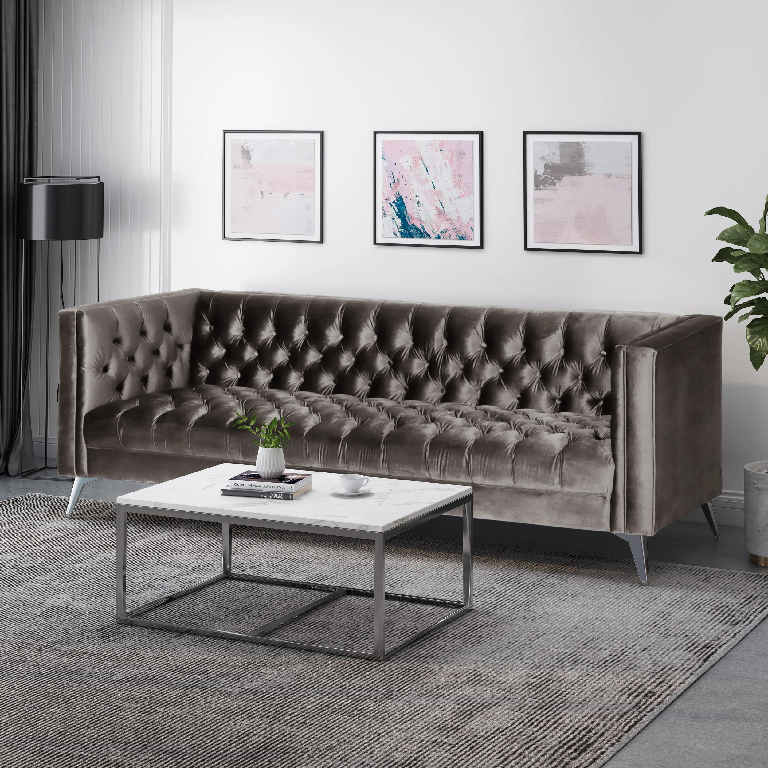 Harnoor Contemporary Tufted Velvet 3 Seater Sofa - furnishings