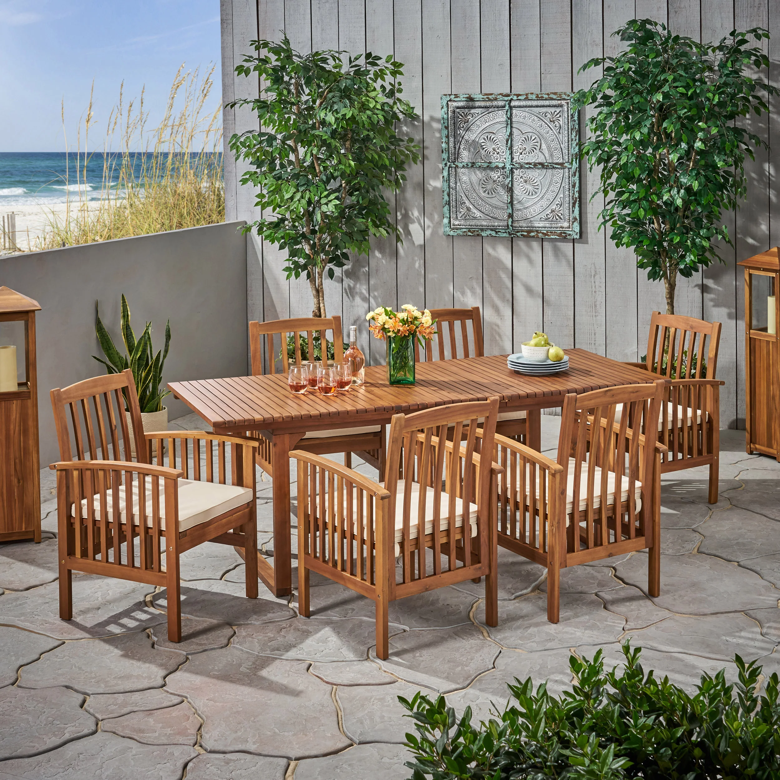 Bowdon Outdoor 6 Seater Expandable Acacia Wood Dining Set - furnishings