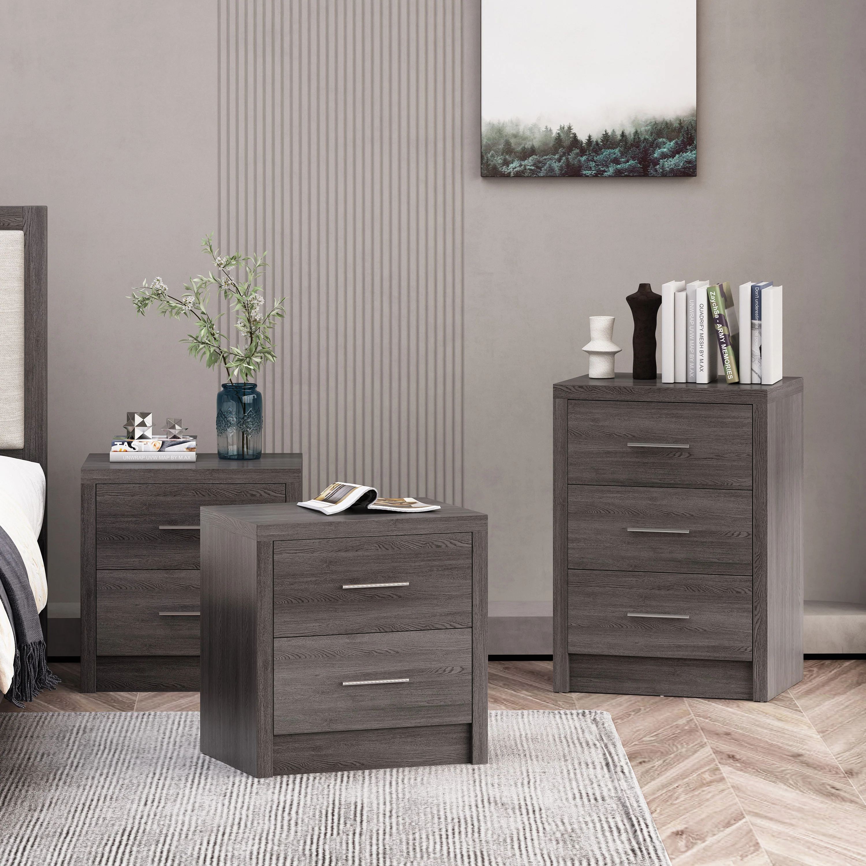 Marlette Modern 3 Piece 3 Drawer Dresser and Nightstand Bedroom Set - furnishings