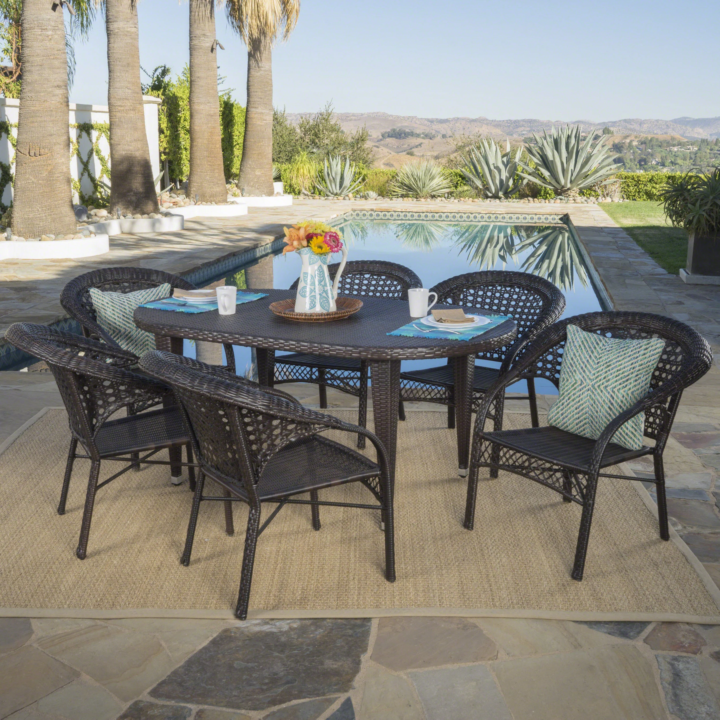 Matador Outdoor 7 Piece Multi-brown Wicker Oval Dining Set with Stacking Chairs - furnishings