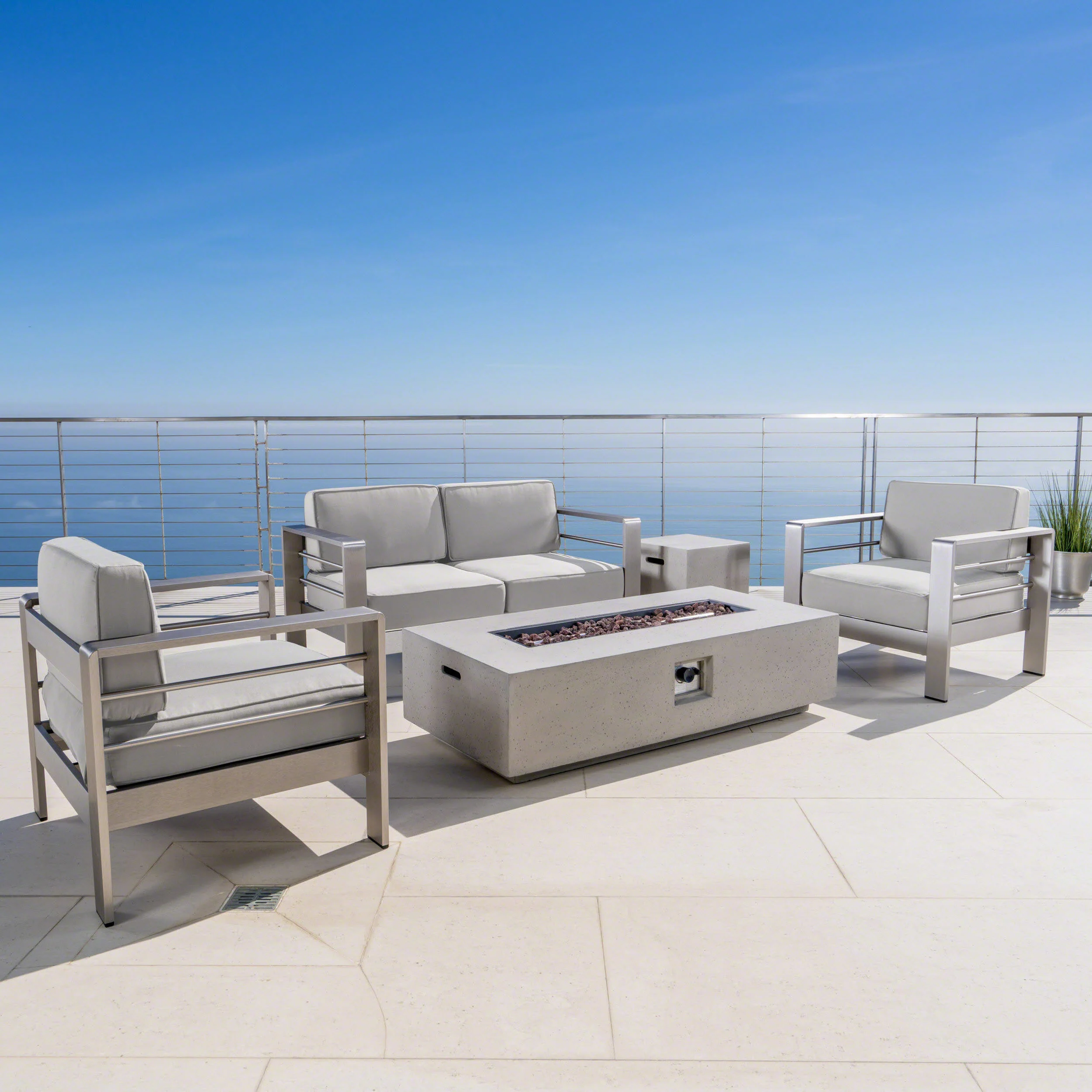 Crested Bay 5pc Modern Outdoor Aluminum Sofa & Chairs Set With Fire Pit - furnishings