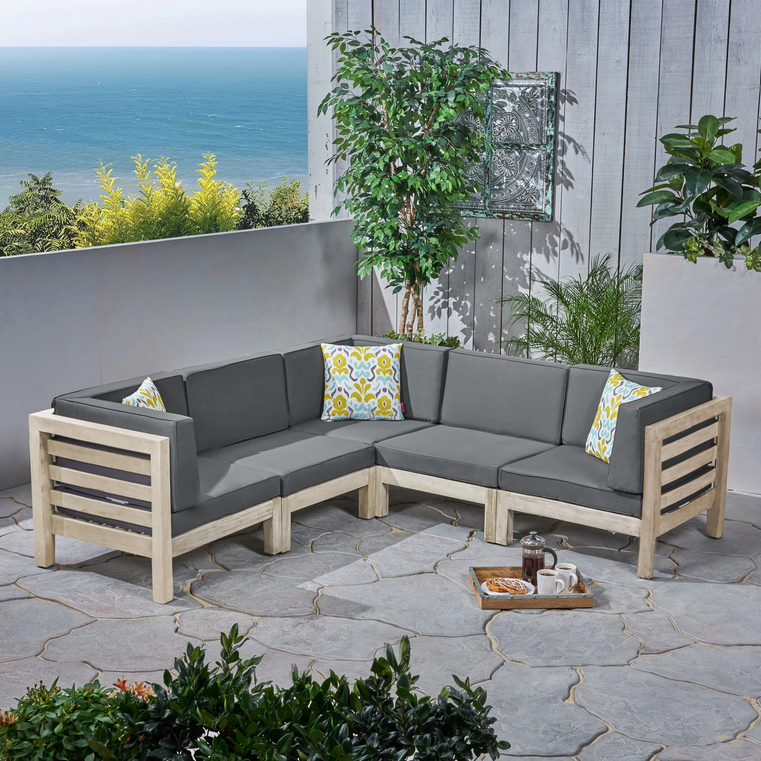 Cascada Outdoor Acacia Wood 5 Seater Sectional Sofa Set with Cushions - furnishings