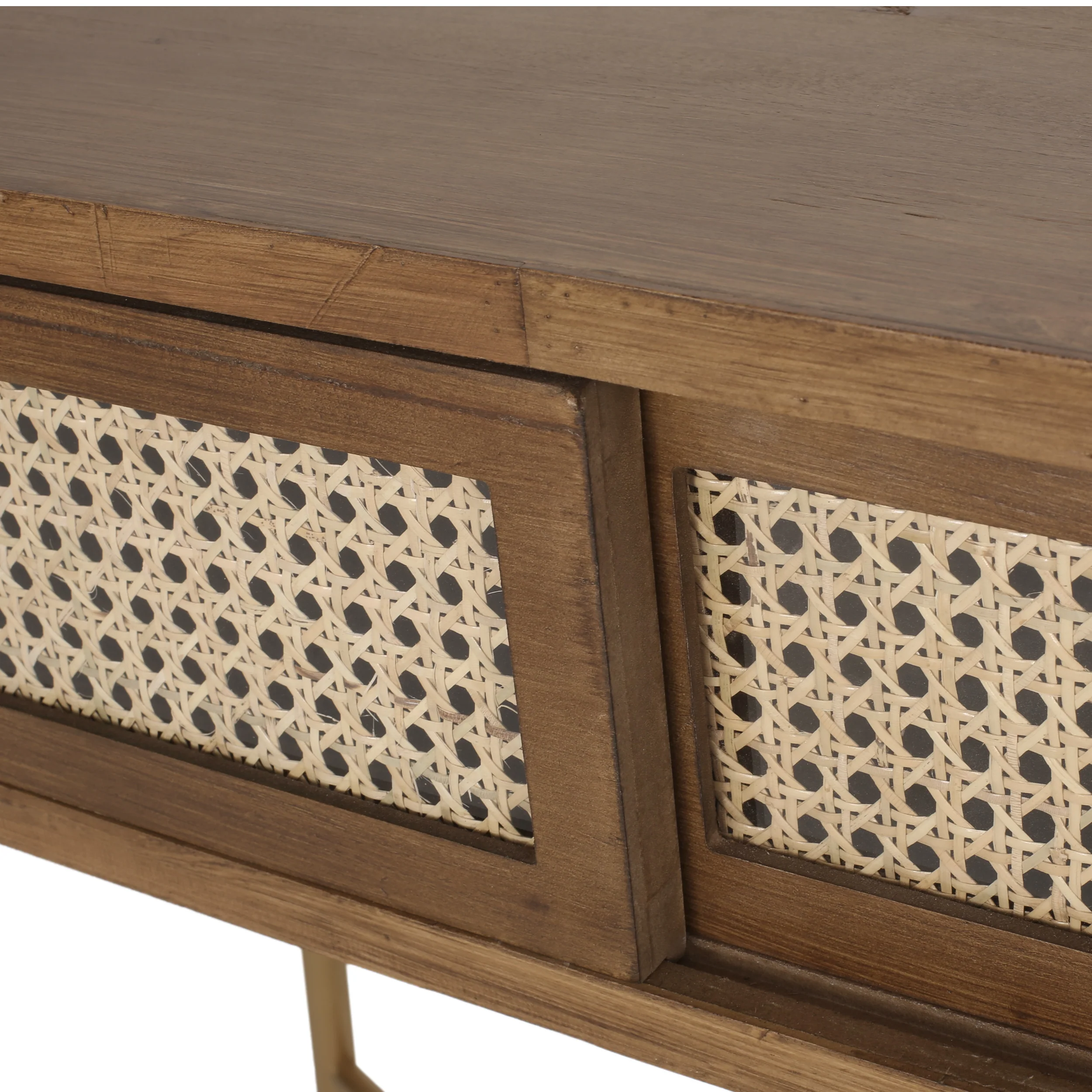 Alzada Rustic Glam Console Table with Wicker Accents, Walnut, Natural, and Antique Gold - furnishings