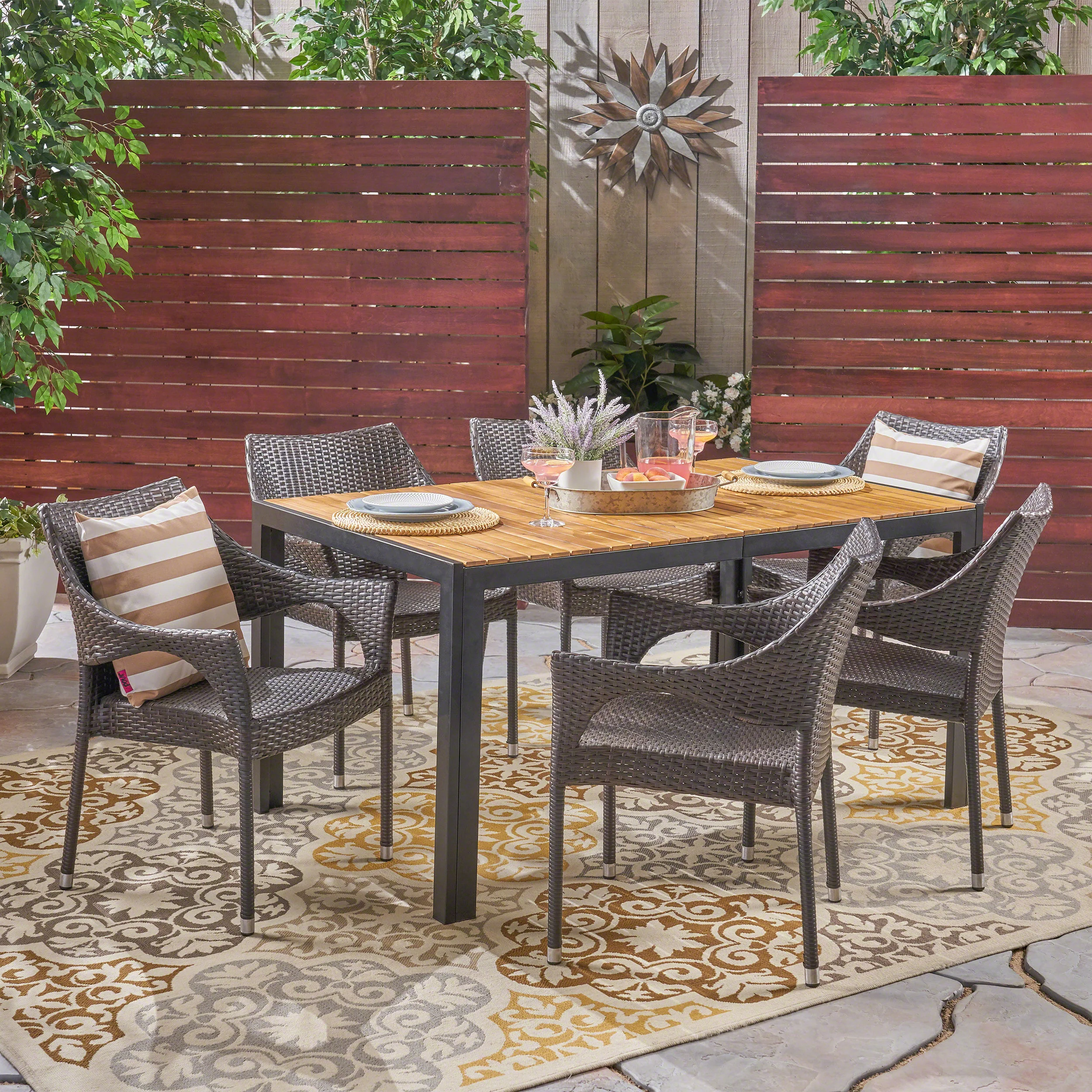 Hermosa Outdoor 6-Seater Rectangular Acacia Wood and Wicker Dining Set, Teak with Black and Multi Brown - furnishings