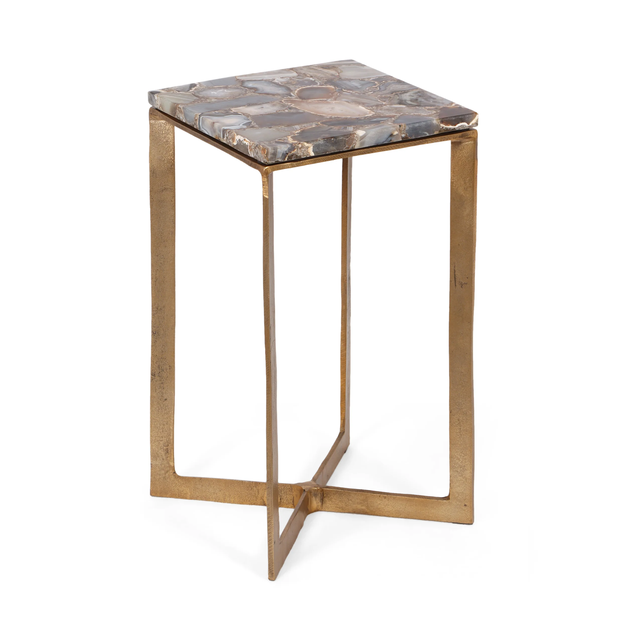 Bridger Boho Glam Handcrafted Aluminum Side Table with Agate Marble Top, Natural and Raw Brass - furnishings