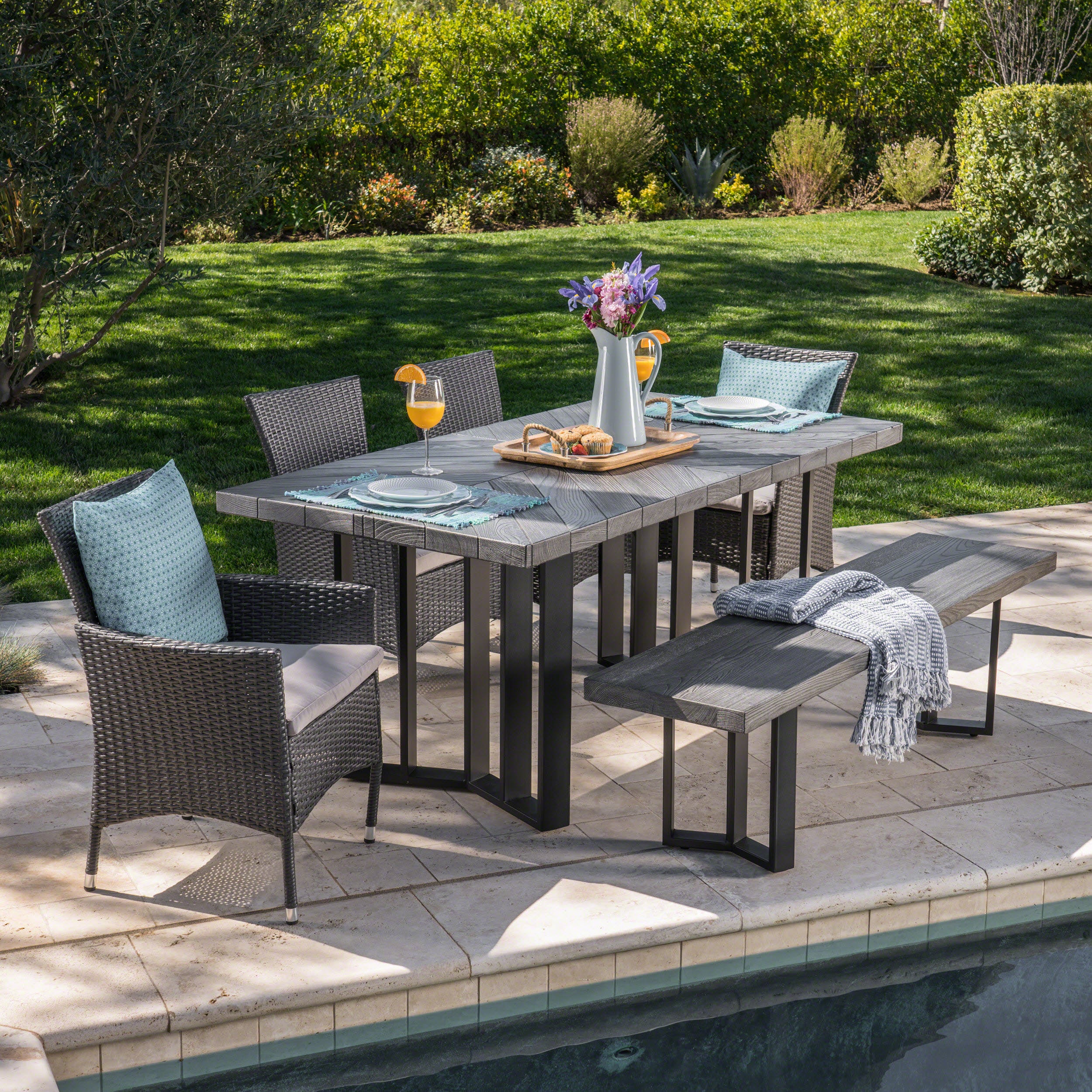 Truda Outdoor 6 Piece Wicker Dining Set with Concrete Dining Table and Bench - furnishings