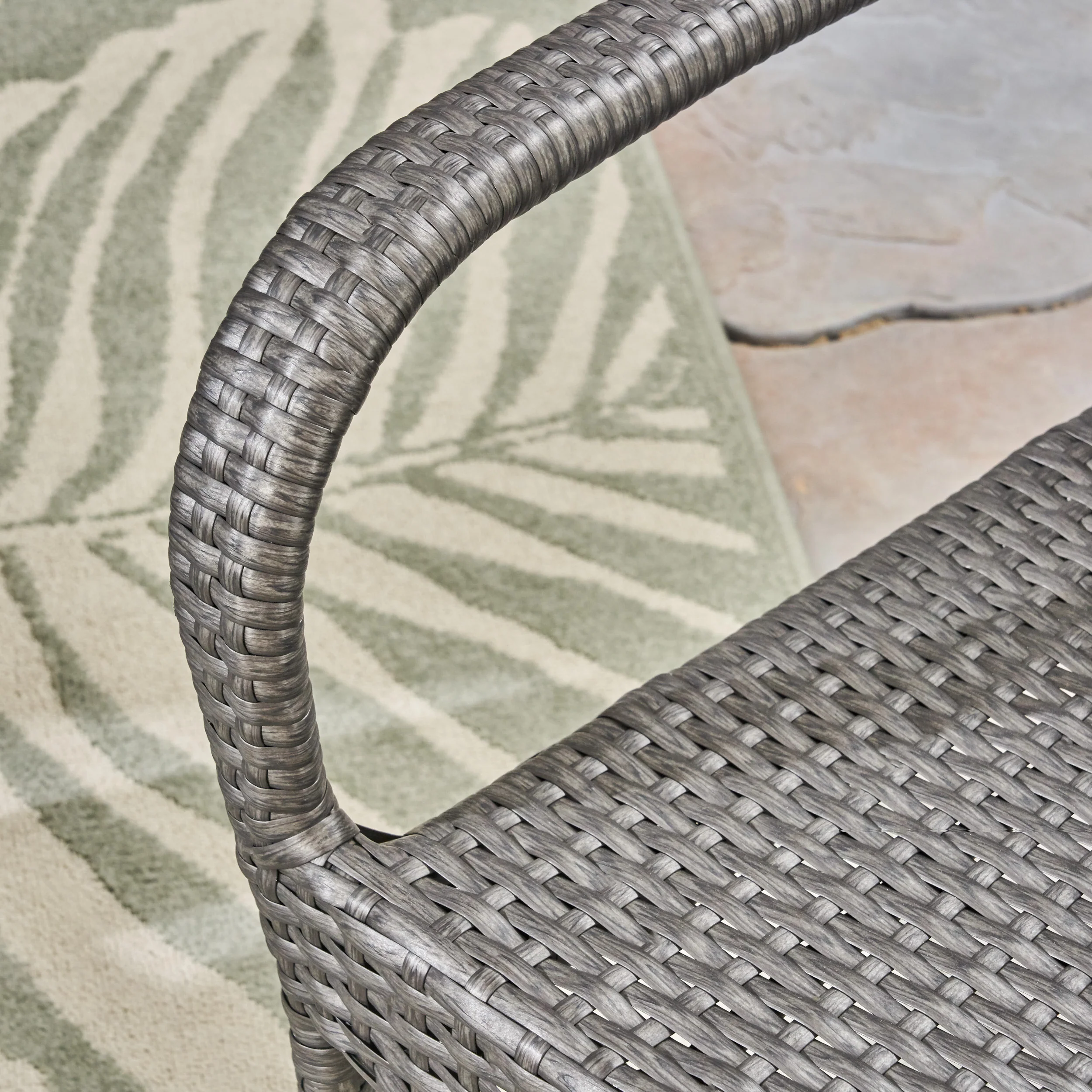 Salome Outdoor 7 Piece Acacia Wood Dining Set with Stacking Wicker Chairs, Sandblast Dark Gray and Gray - furnishings