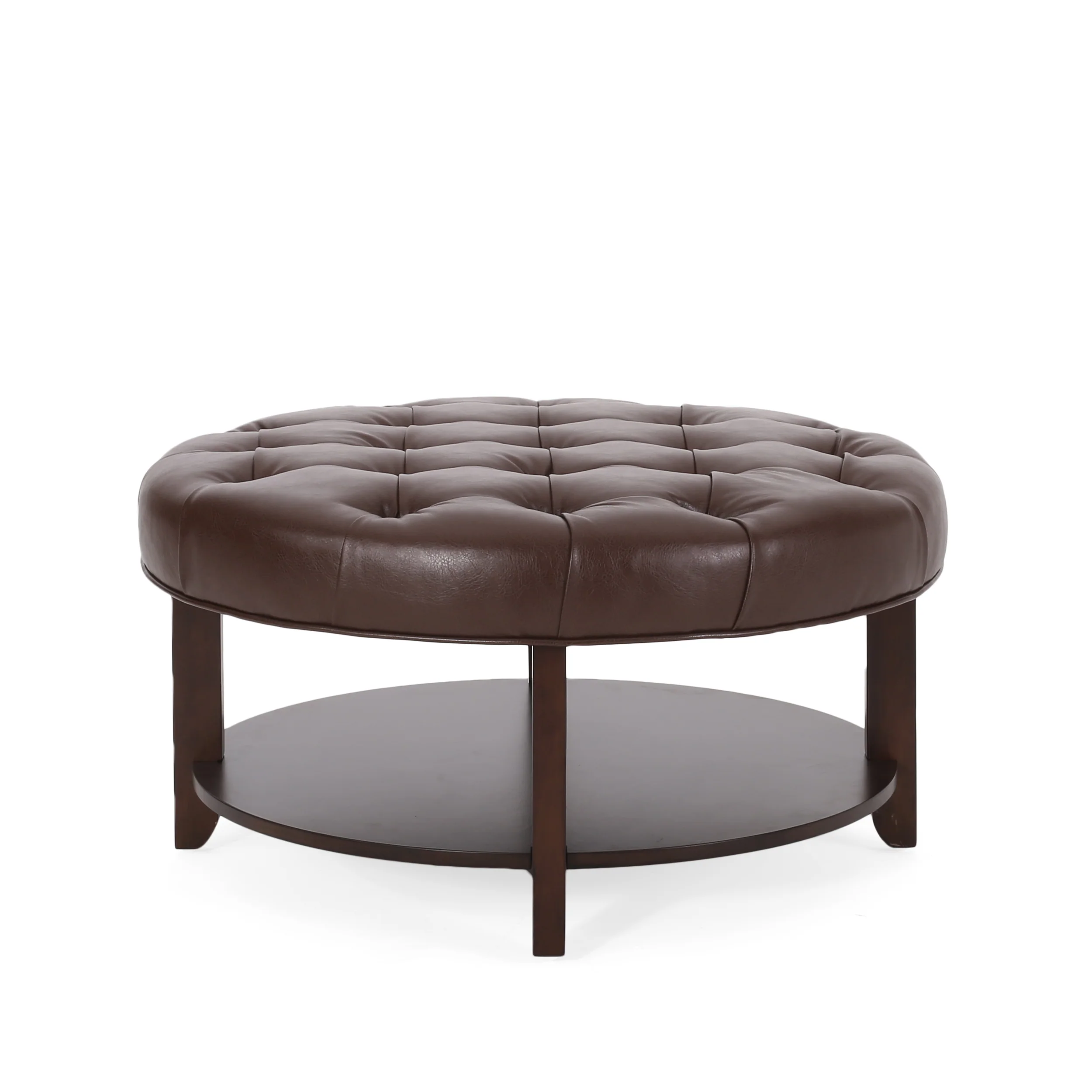 Baynes Contemporary Faux Leather Tufted Wood Round Ottoman with Open Shelf - furnishings