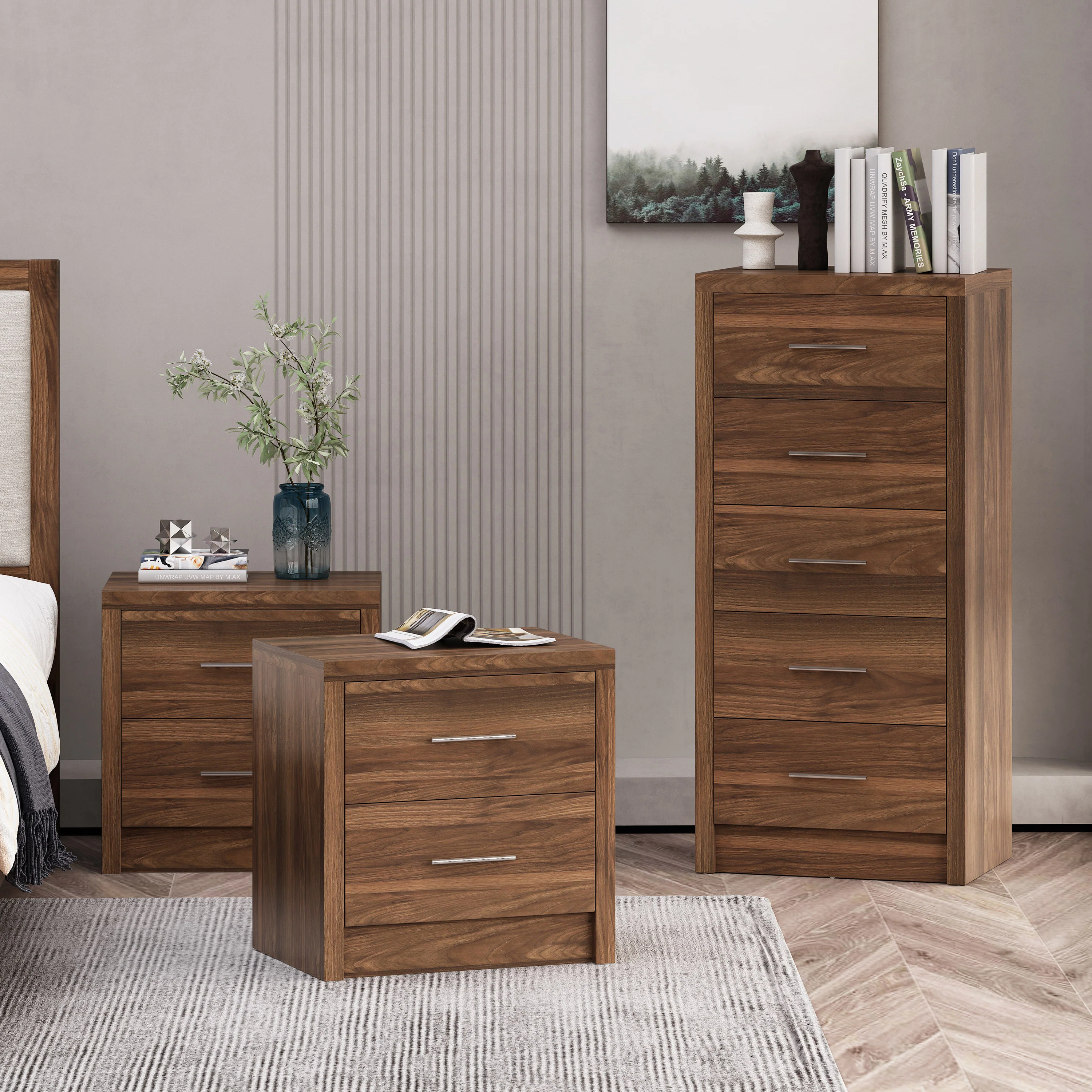 Marlette Modern 3 Piece 5 Drawer Dresser and Nightstand Bedroom Set - furnishings