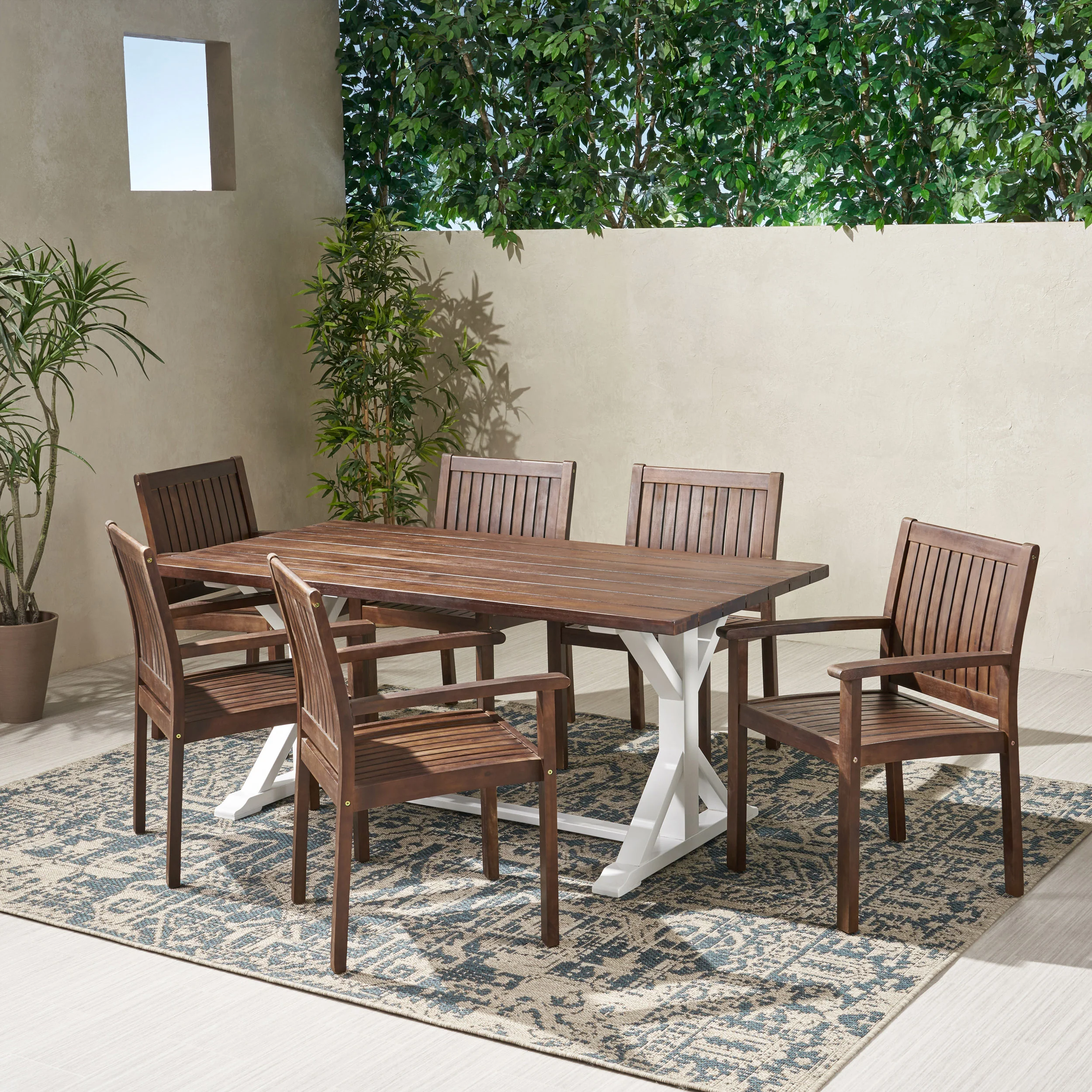 Mayo Outdoor Rustic Farmhouse Acacia Wood 7 Piece Dining Set - furnishings