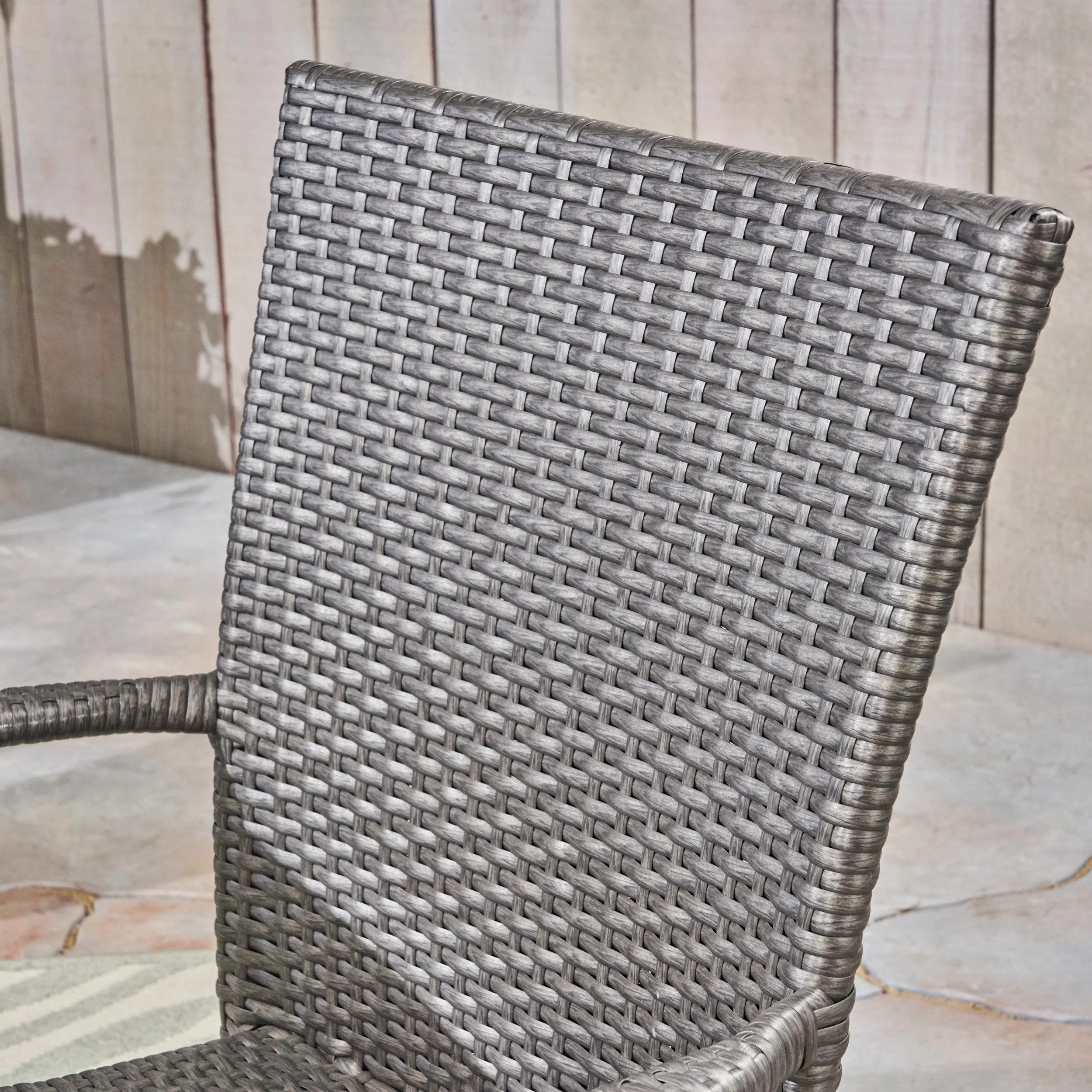 Salome Outdoor 7 Piece Acacia Wood Dining Set with Stacking Wicker Chairs, Sandblast Dark Gray and Gray - furnishings