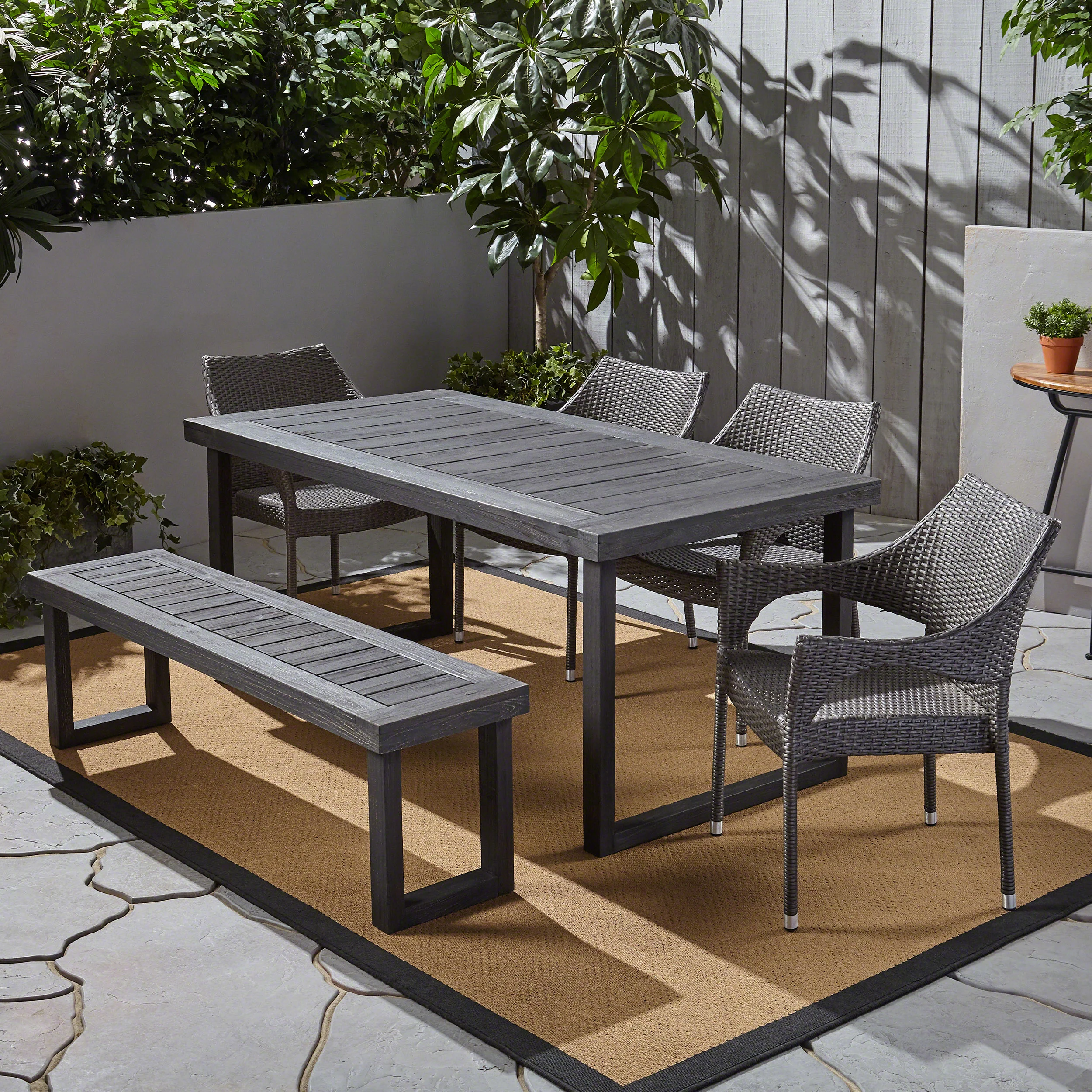 Cason Outdoor 6-Seater Wood and Wicker Chair and Bench Dining Set - furnishings