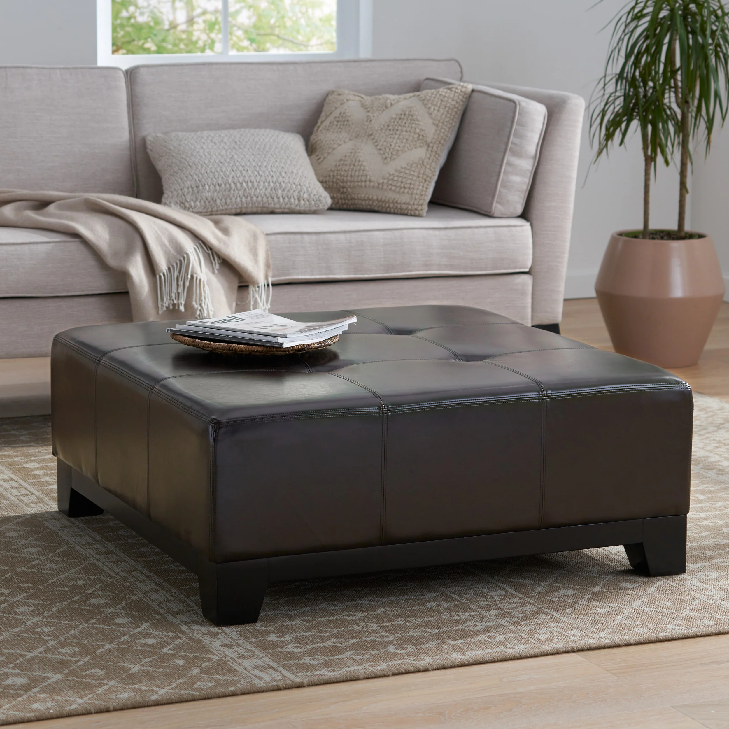 Avalon Button Tufted Espresso Leather Square Ottoman Coffee Table - furnishings