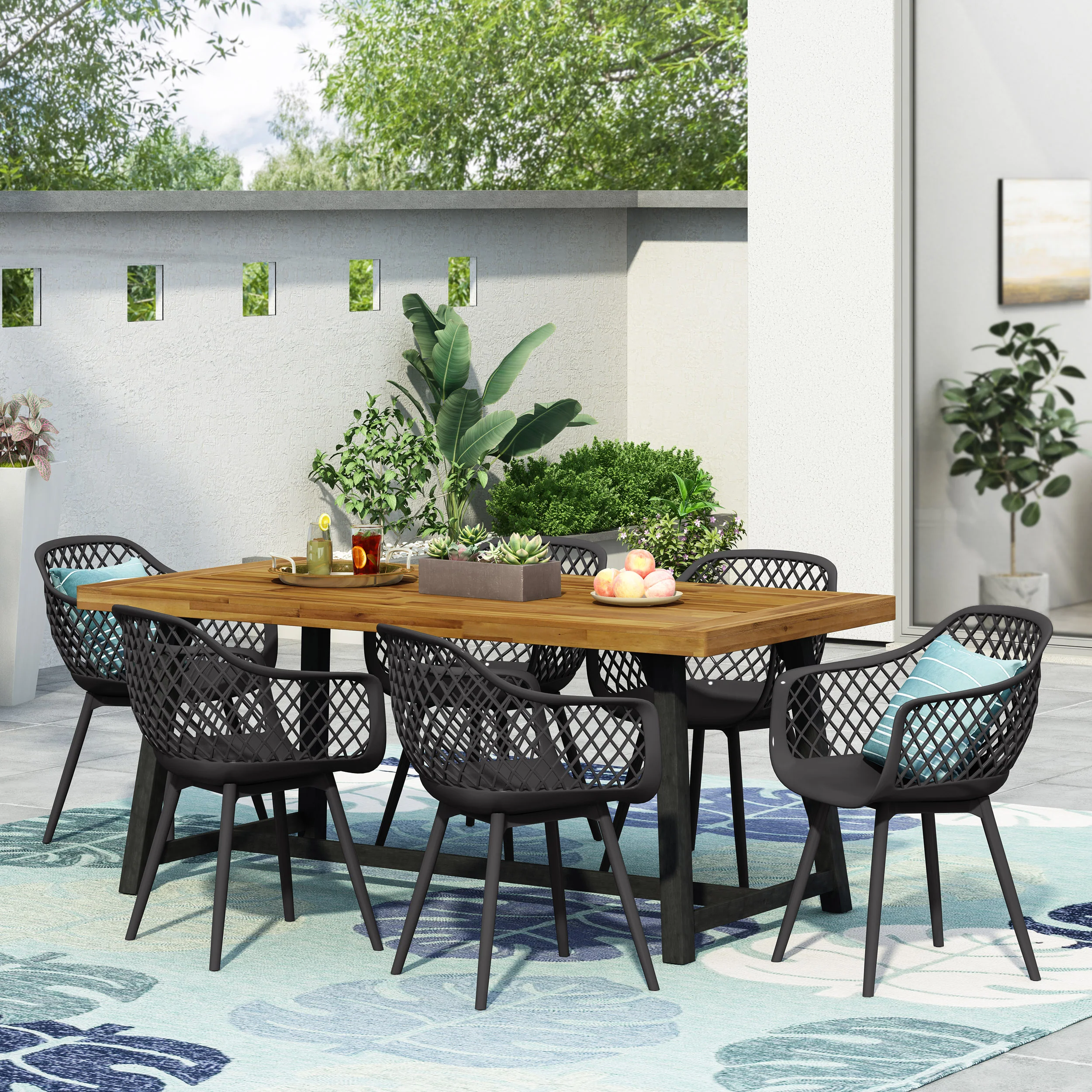 Requeta Outdoor Wood and Resin 7 Piece Dining Set, Black and Sandblasted Teak - furnishings