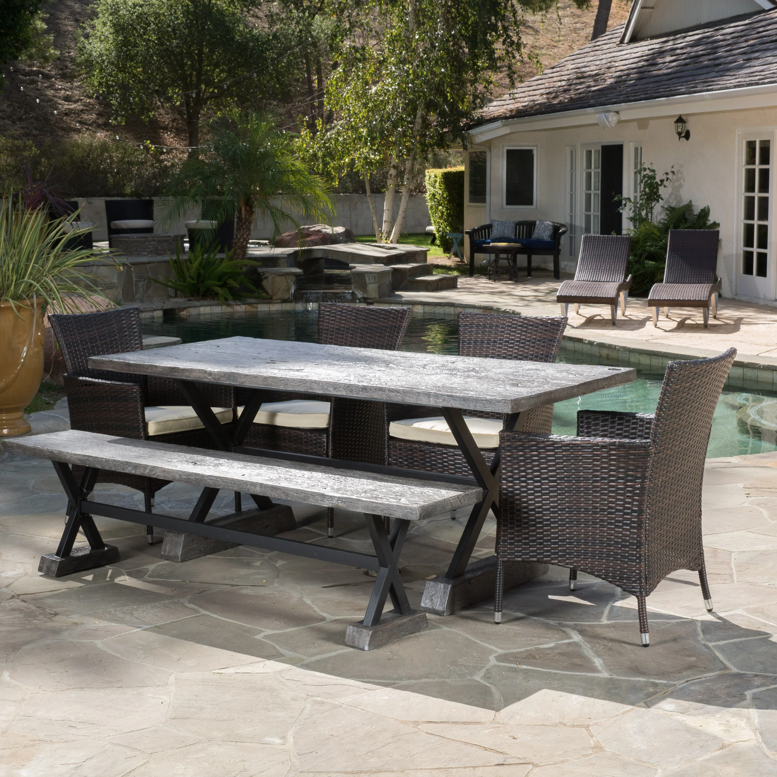 Remond Outdoor 6 Piece Lightweight Concrete Dining Set with Bench - furnishings