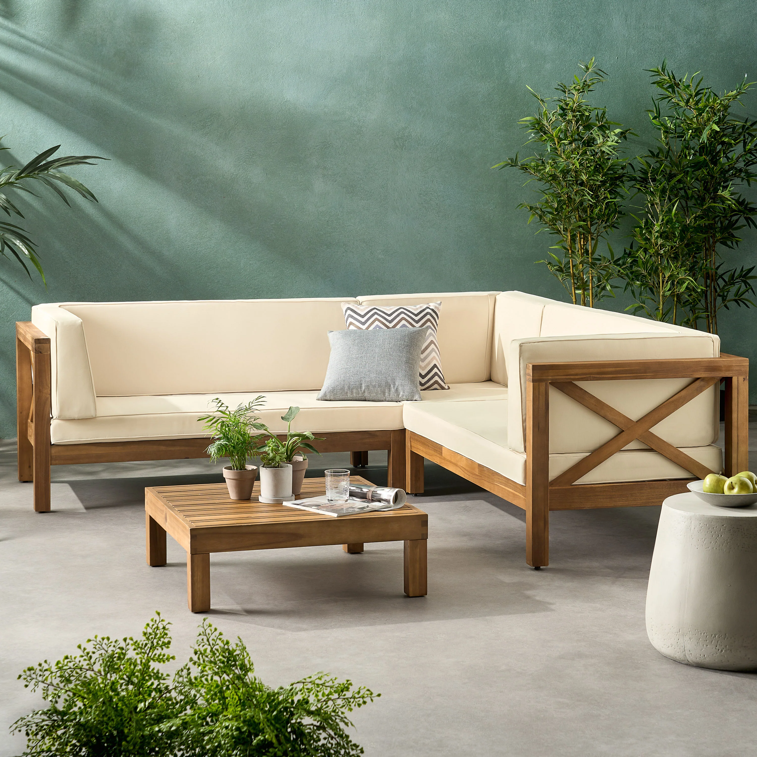 Brava Outdoor 4 Piece V-Shaped Acacia Wood Sectional Sofa and Coffee Table Set - furnishings