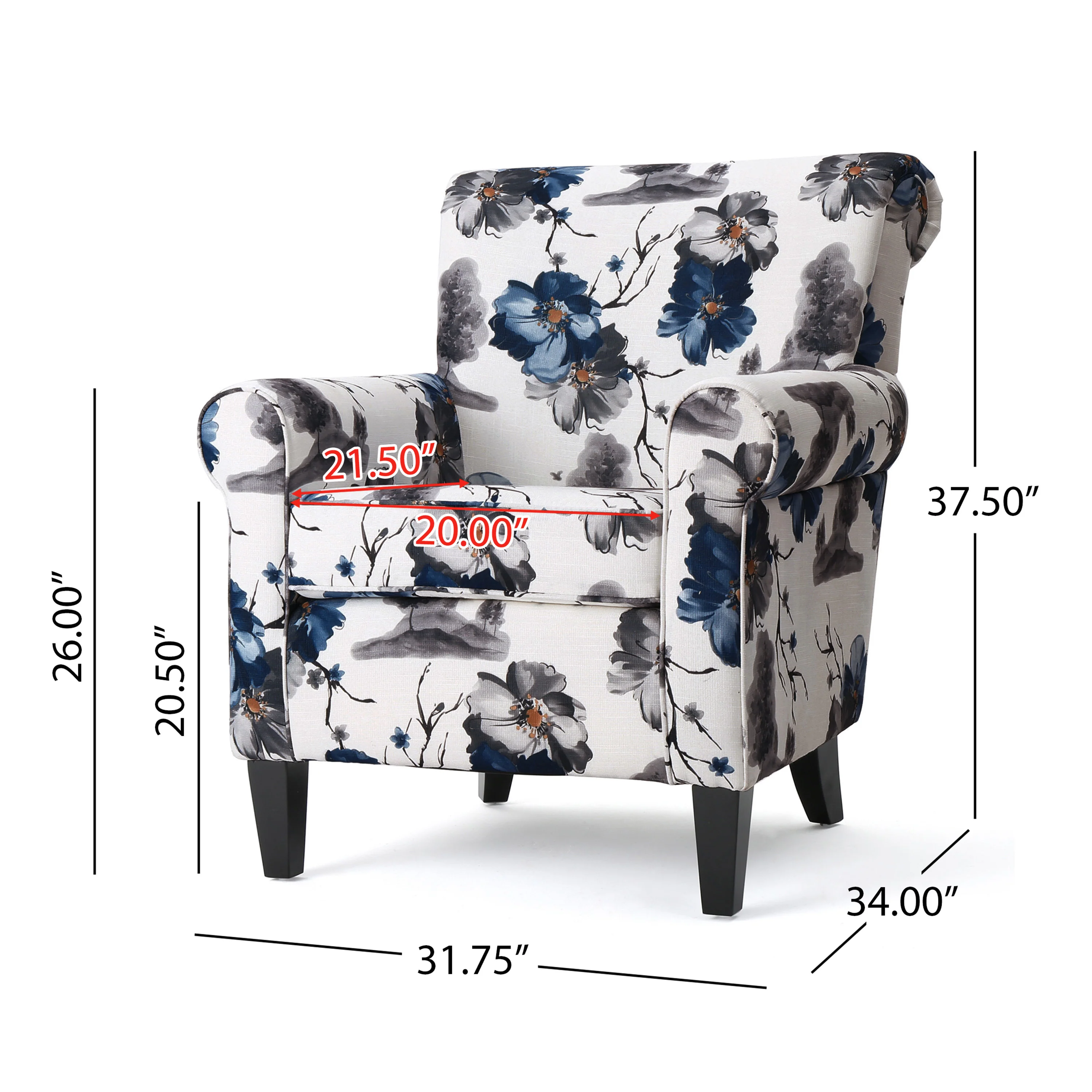Manon Blue & White Floral Print Fabric Club Chair - furnishings