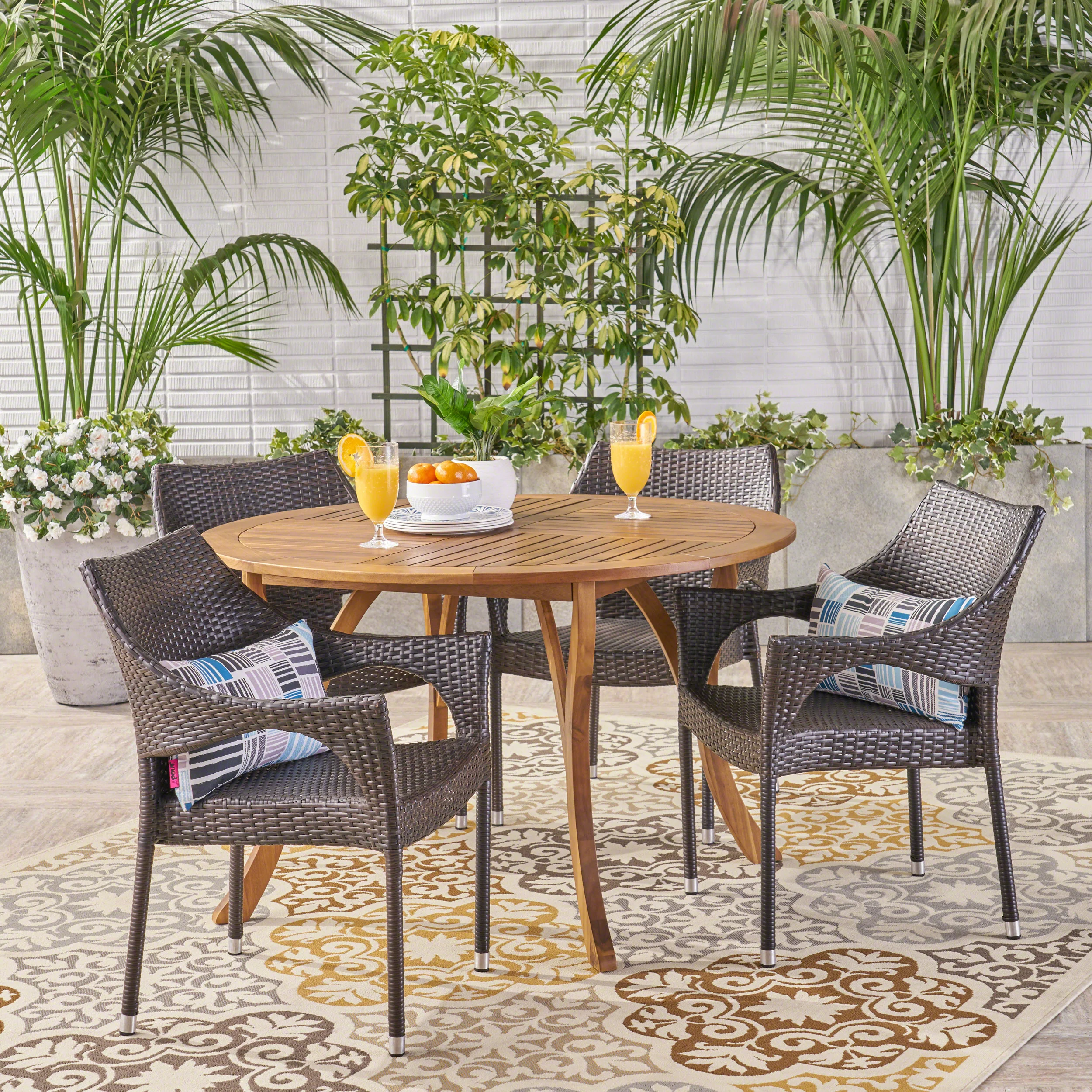 Chantelle Outdoor 5 Piece Acacia Wood and Wicker Dining Set - furnishings