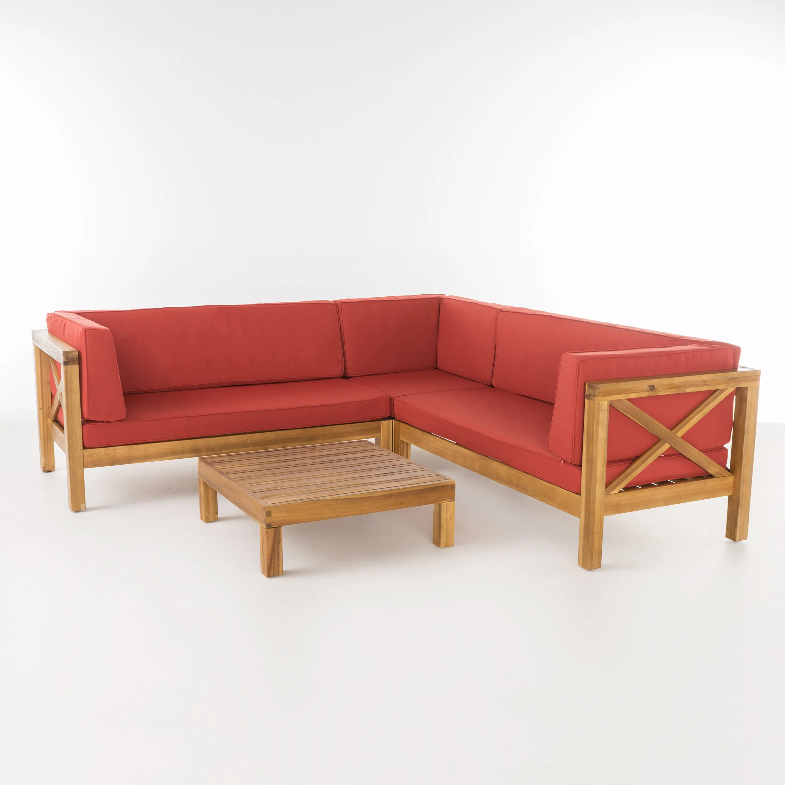 Brava Outdoor 4 Piece V-Shaped Acacia Wood Sectional Sofa and Coffee Table Set - furnishings