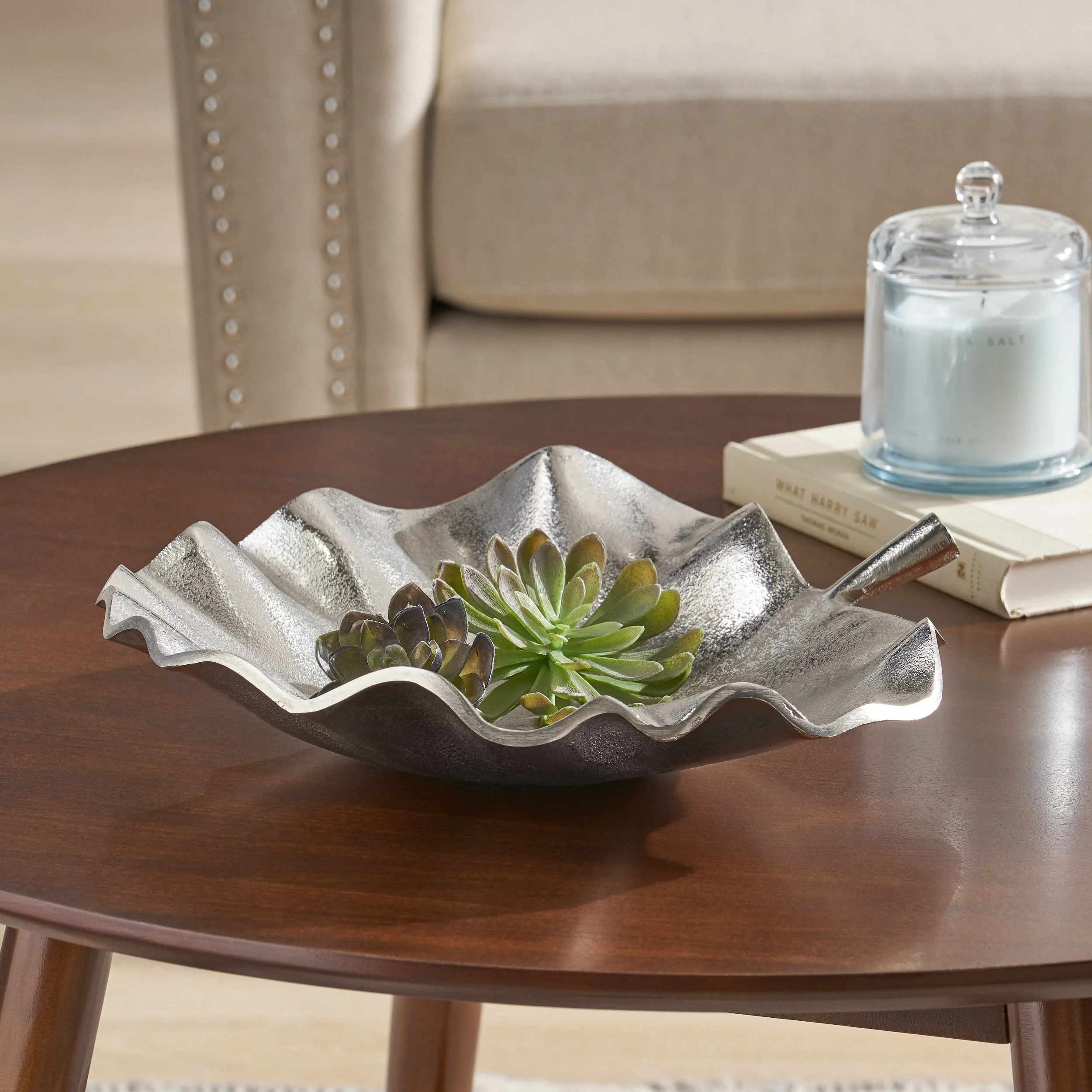 Kevin Handcrafted Aluminum Decorative Leaf Plate, Raw Nickel - furnishings