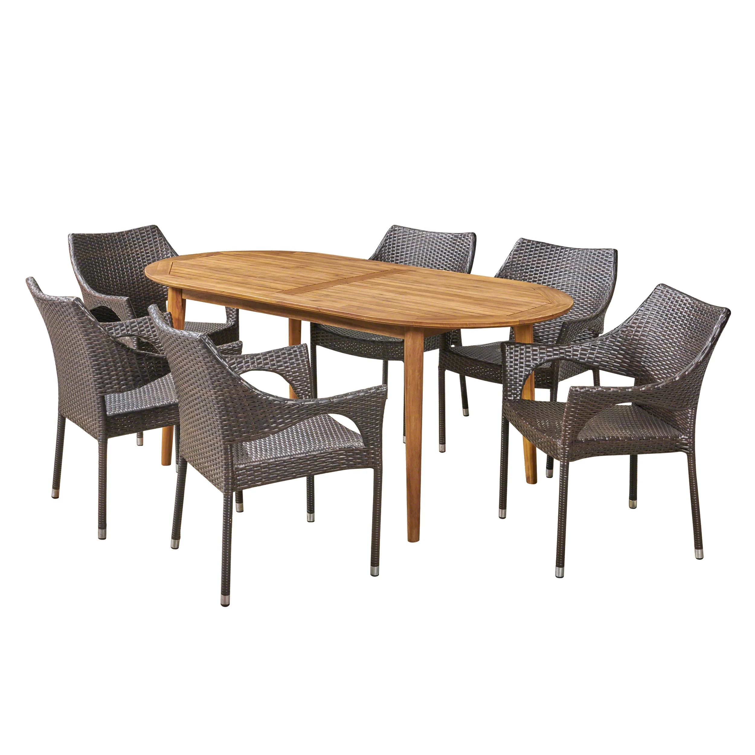 Fox Outdoor 7 Piece Acacia Wood Dining Set with Stacking Wicker Chairs - furnishings