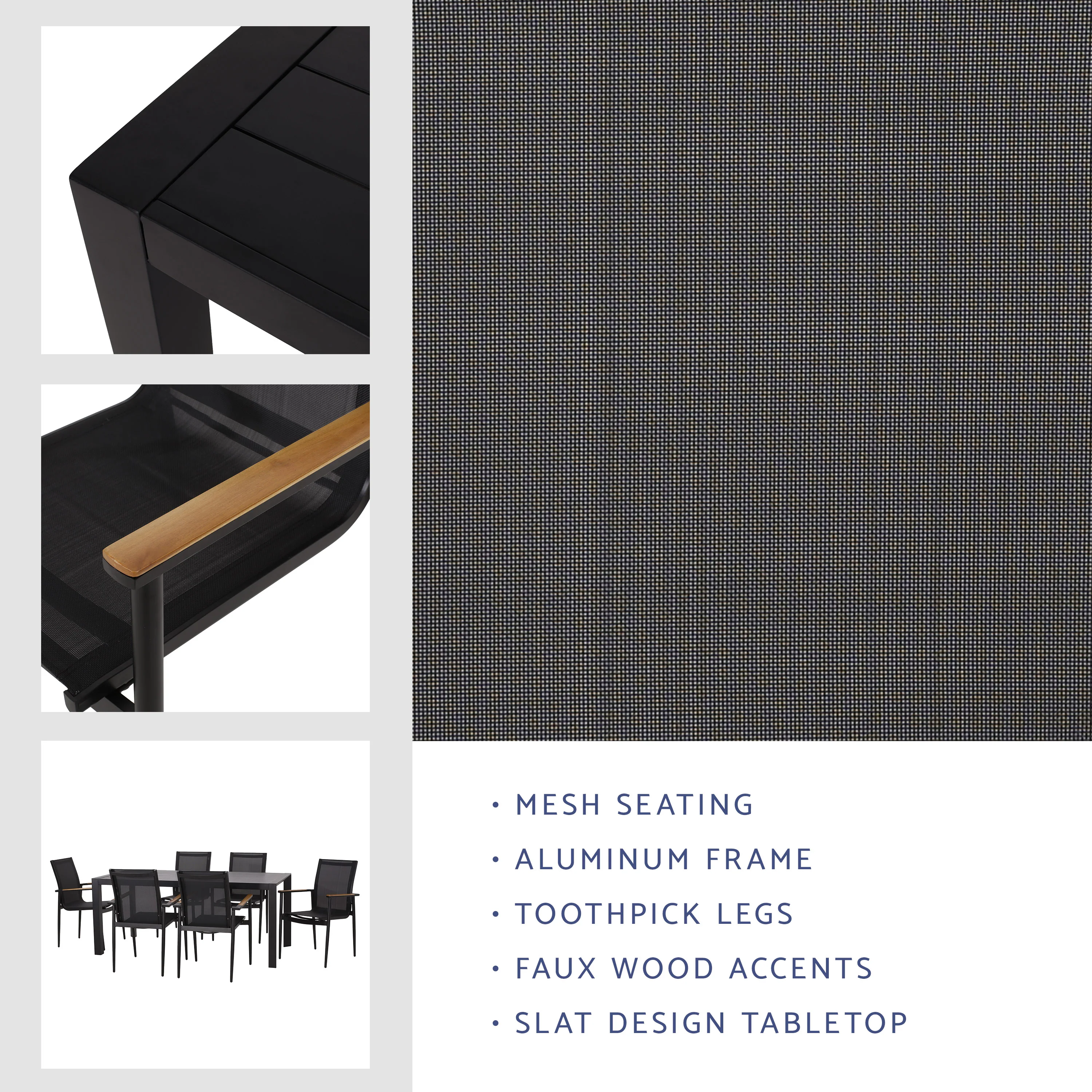 Kairo Outdoor Mesh and Aluminum 7 Piece Dining Set, Black - furnishings