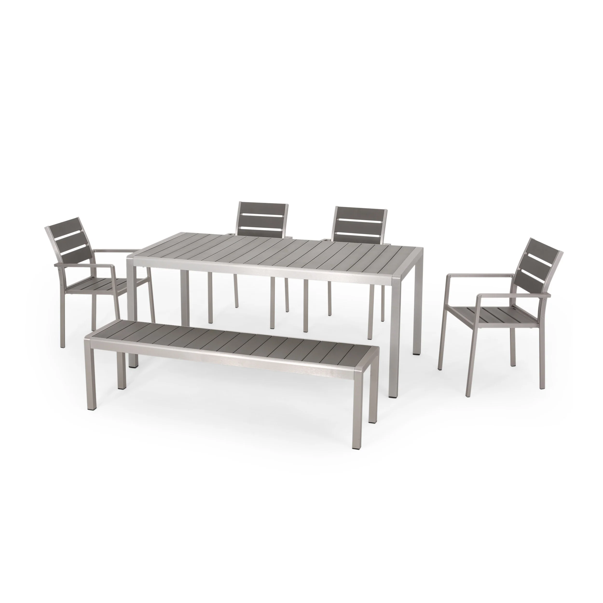 Cherie Outdoor Modern Aluminum 6 Seater Dining Set with Dining Bench - furnishings