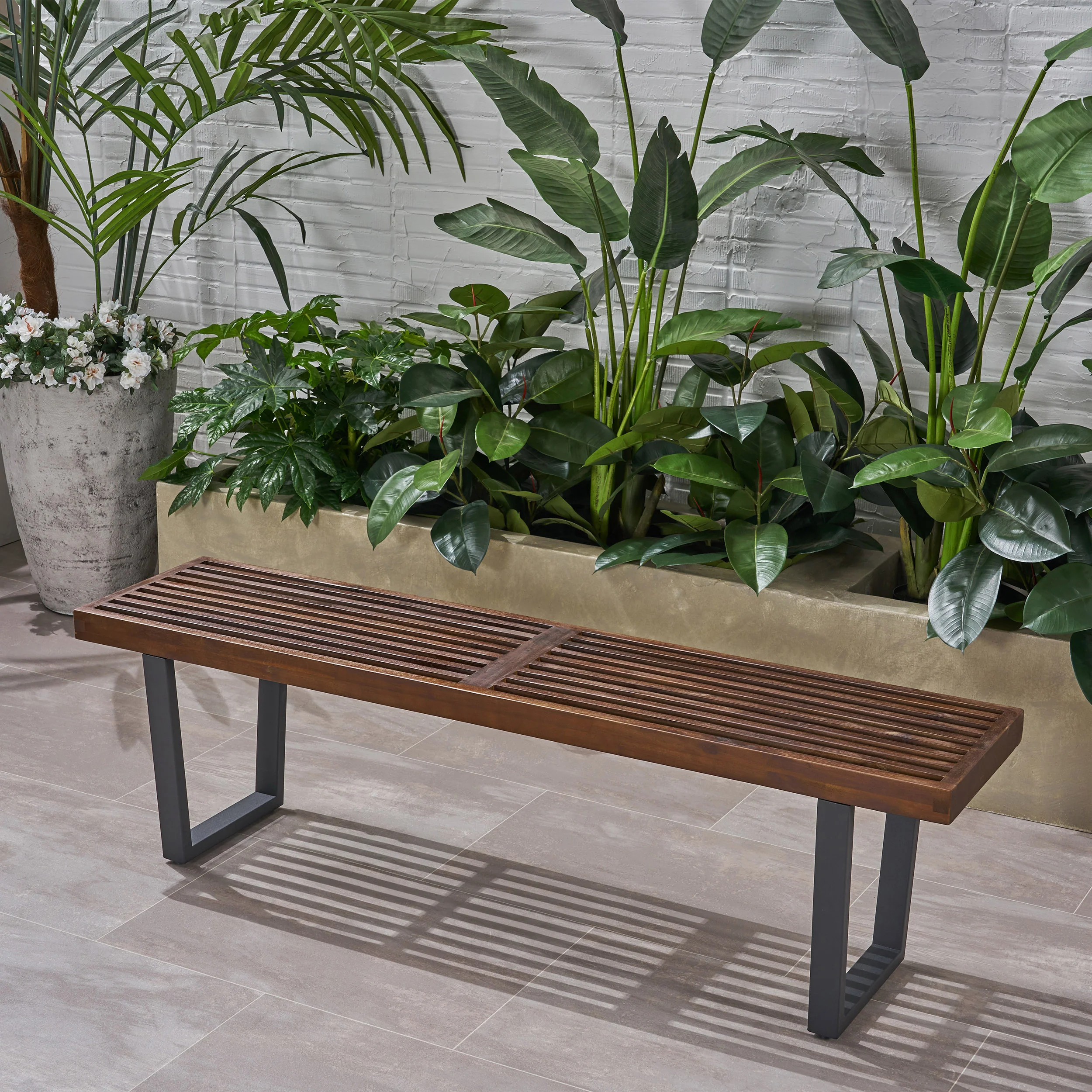 Joa Patio Dining Bench, Acacia Wood with Iron Legs, Modern, Contemporary - furnishings