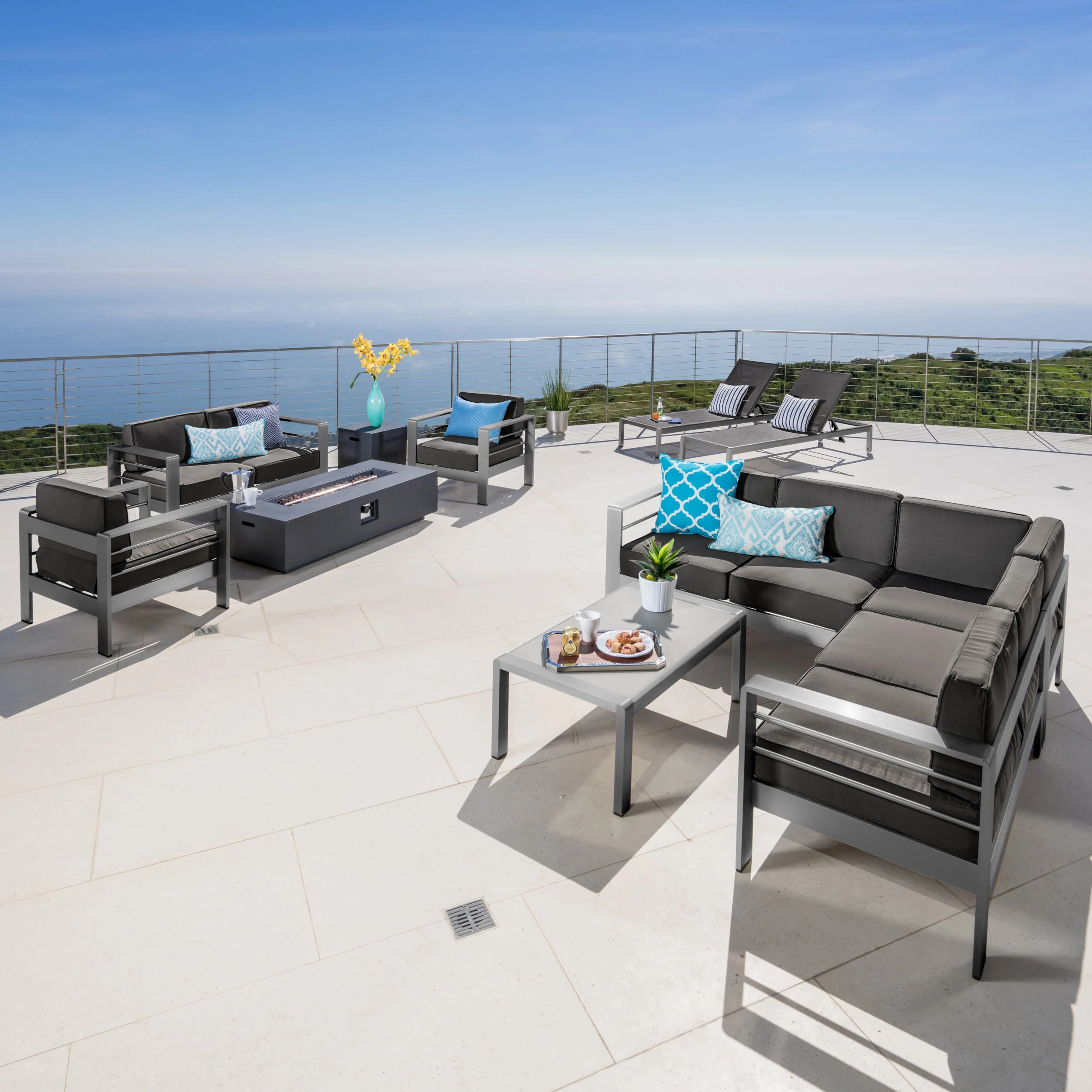 Coral Bay Outdoor Gray Aluminum 11 Piece Estate Patio Collection with Firepit - furnishings