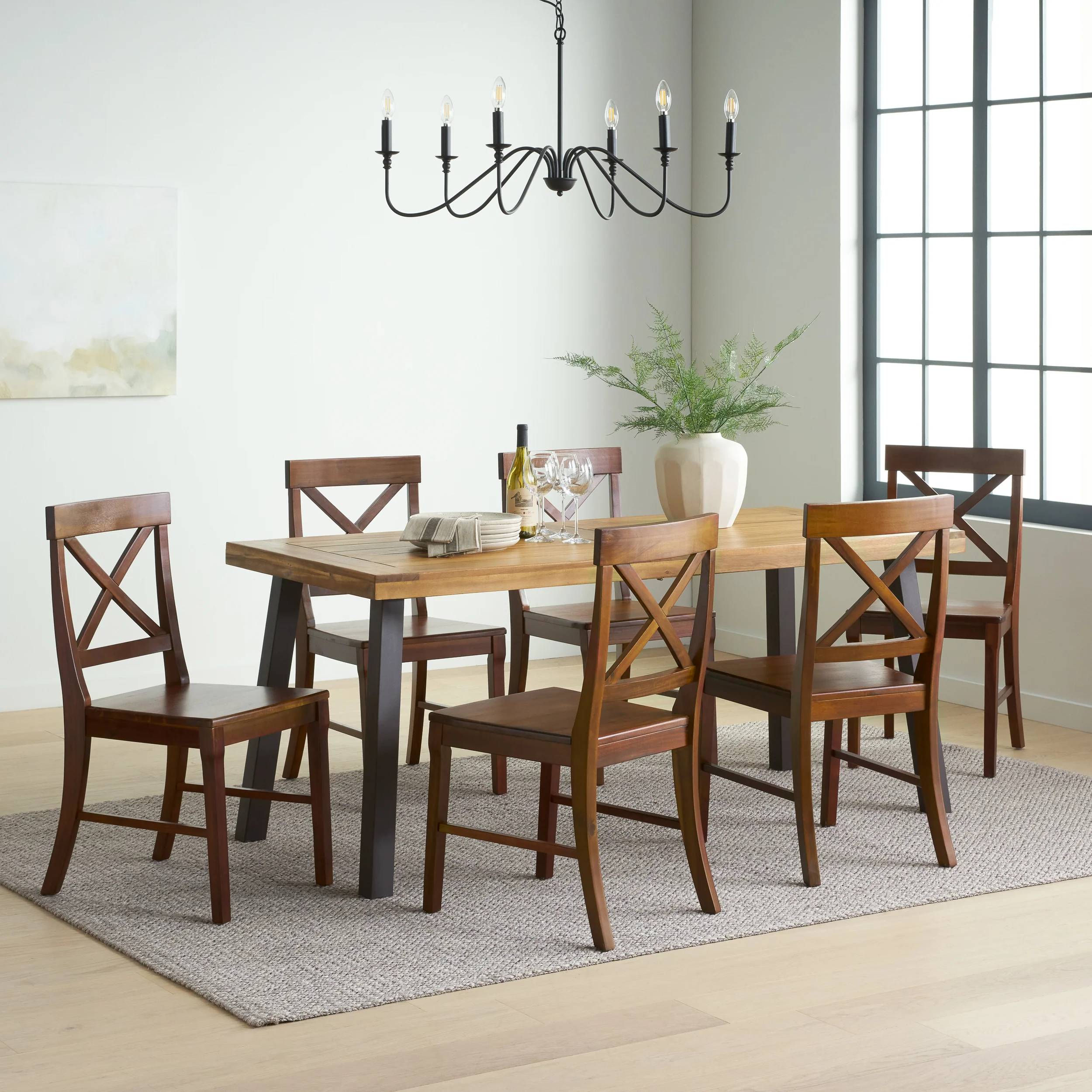 Rumbrook Farmhouse Acacia Wood and Iron 7 Piece Dining Set, Natural, Rustic Metal, and Rich Mahogany - furnishings