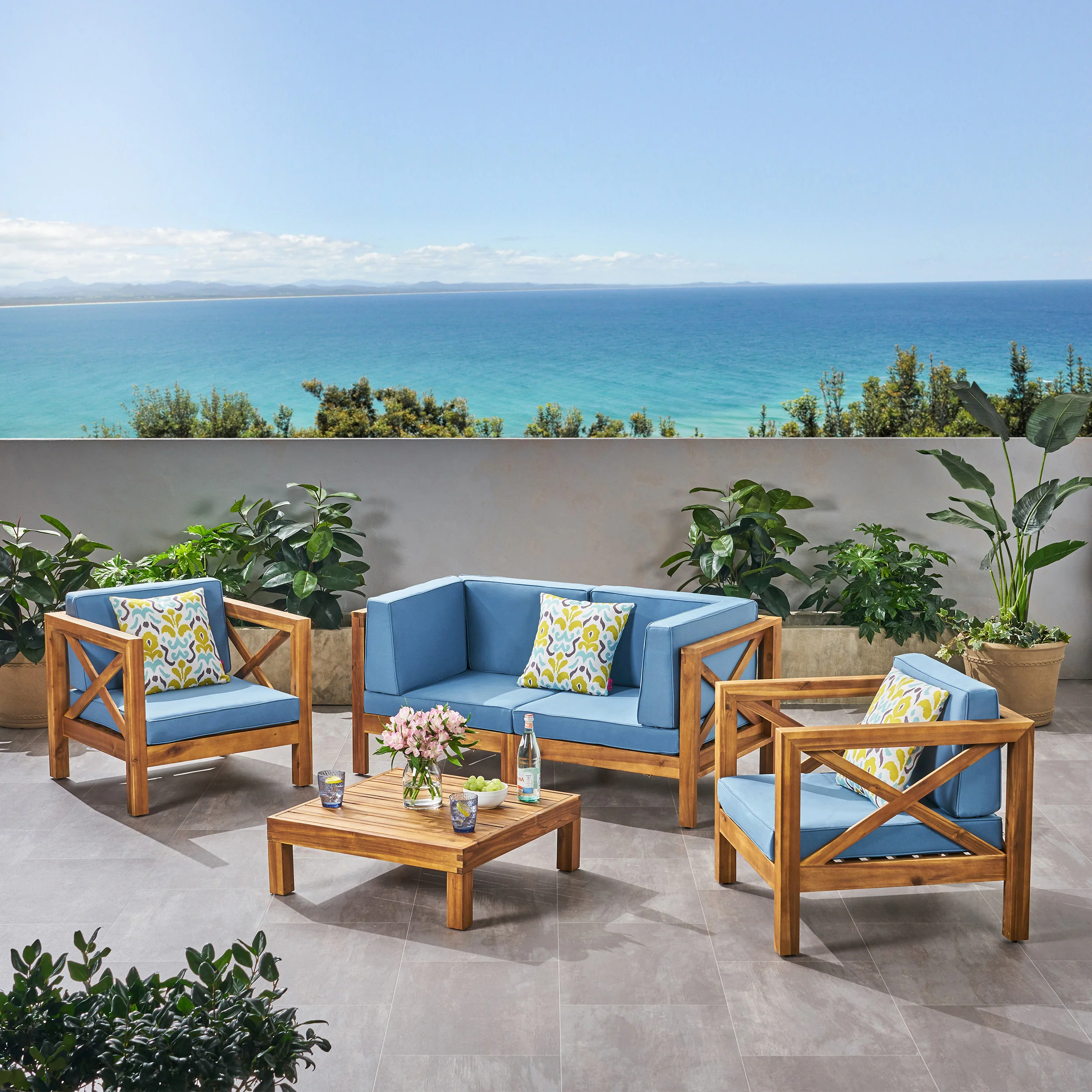 Morgan Outdoor 4 Seater Acacia Wood Loveseat Chat Set - furnishings
