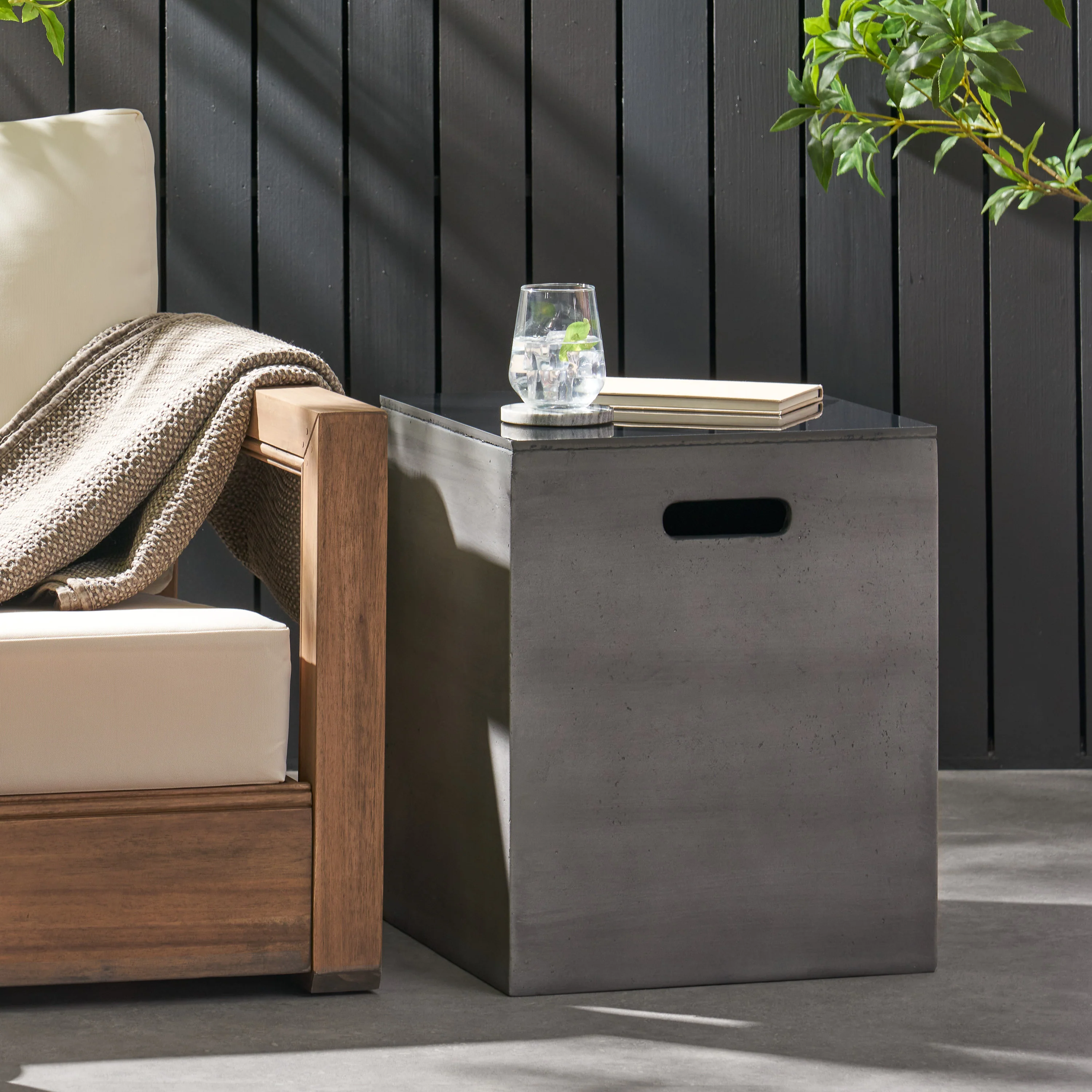 Harmon Outdoor Lightweight Concrete and Ceramic Tank Holder Side Table, Dark Gray and Black - furnishings