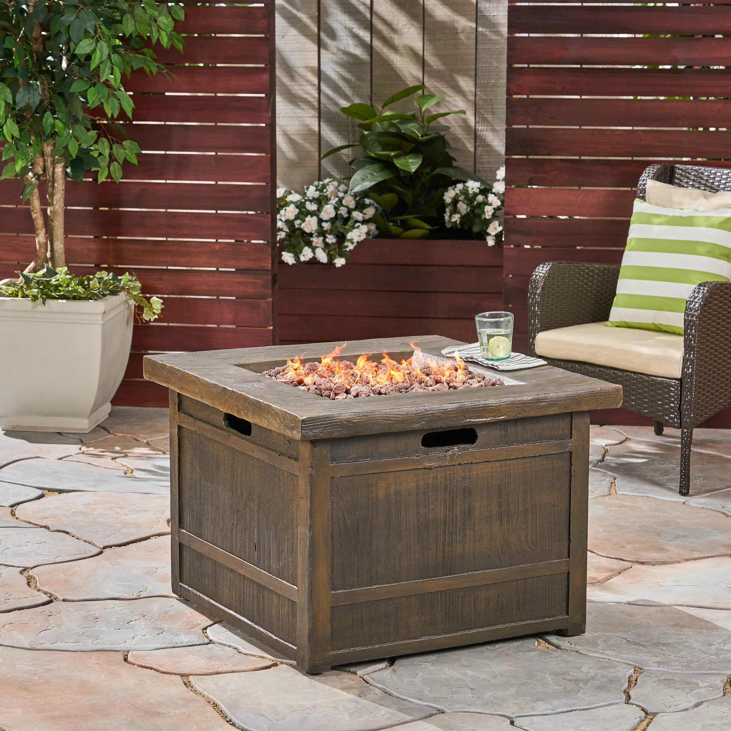 Land Backyard Fire Pit  32-inch by 32-inch  Gas-Burning  Lightweight Concrete  Natural Wood Finish - furnishings