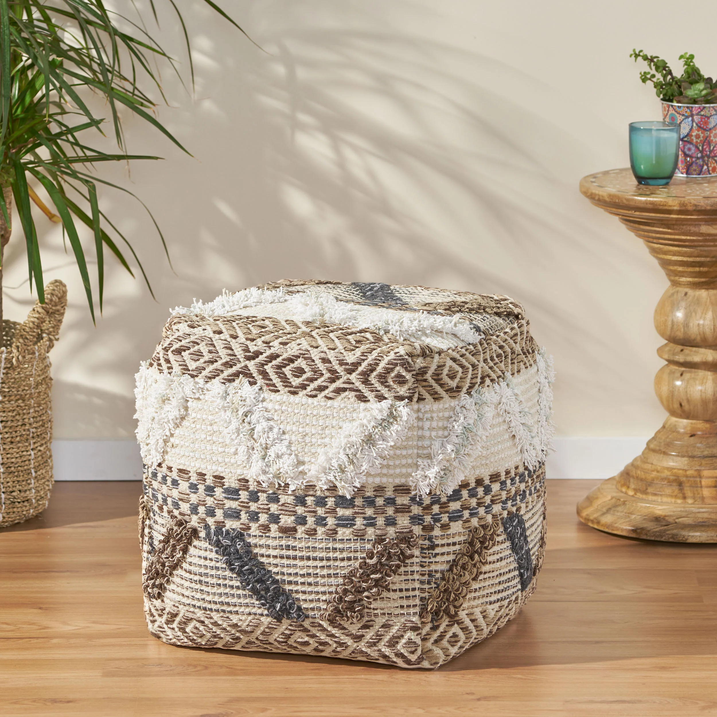 Camillo Boho Fabric Cube Pouf - furnishings