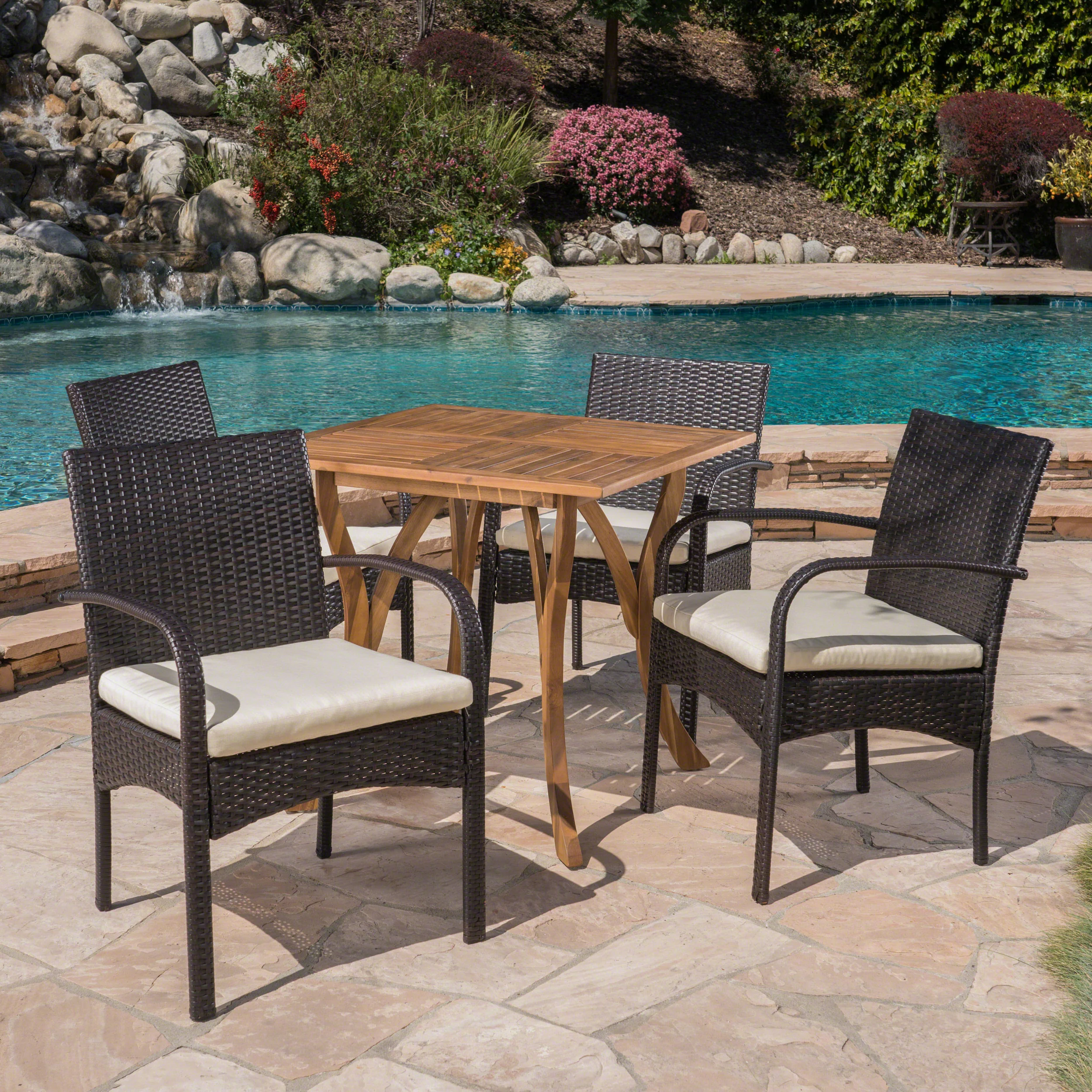 Derek Outdoor 5 Piece Acacia Wood/ Wicker Dining Set with Cushions, Teak Finish and Multibrown with Cr¨¨me - furnishings