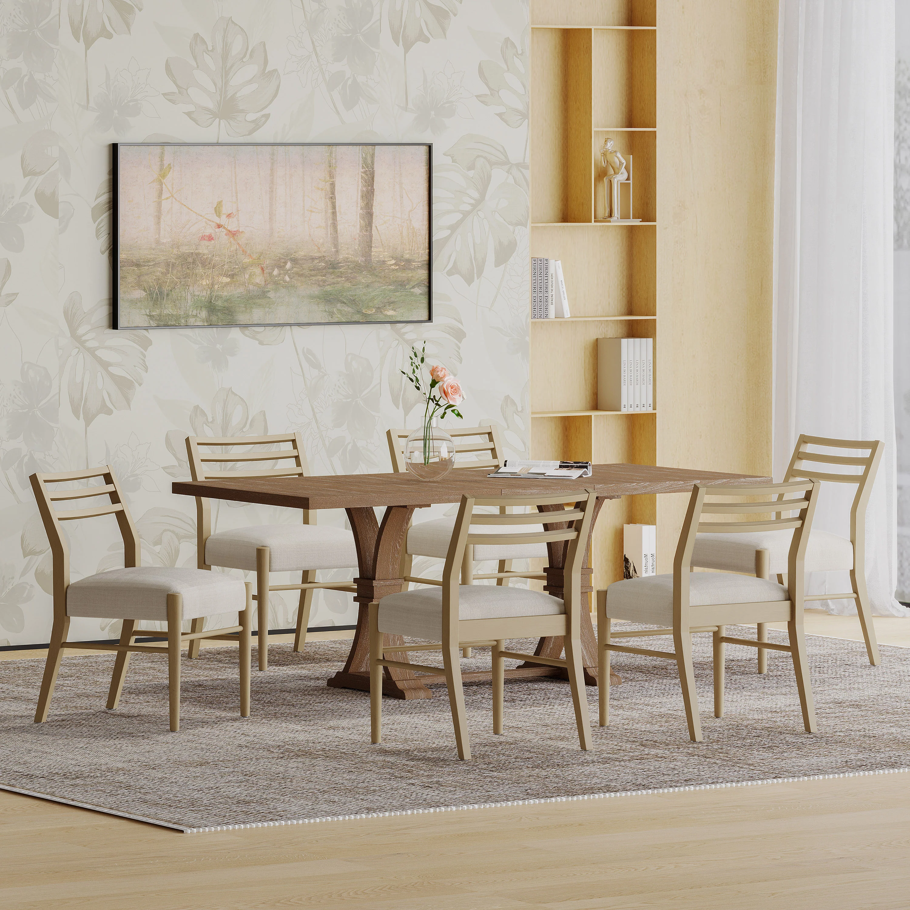 Berrett Farmhouse Fabric Upholstered Wood Expandable 7 Piece Dining Set - furnishings