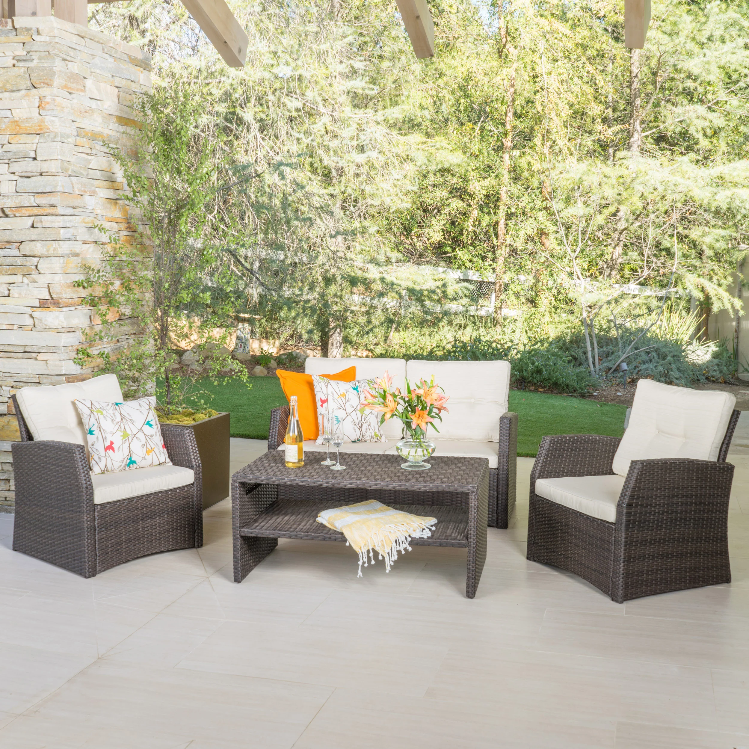 Del Norte Outdoor 4 Piece Dark Brown Wicker Chat Set with Beige Water Resistant Cushions - furnishings