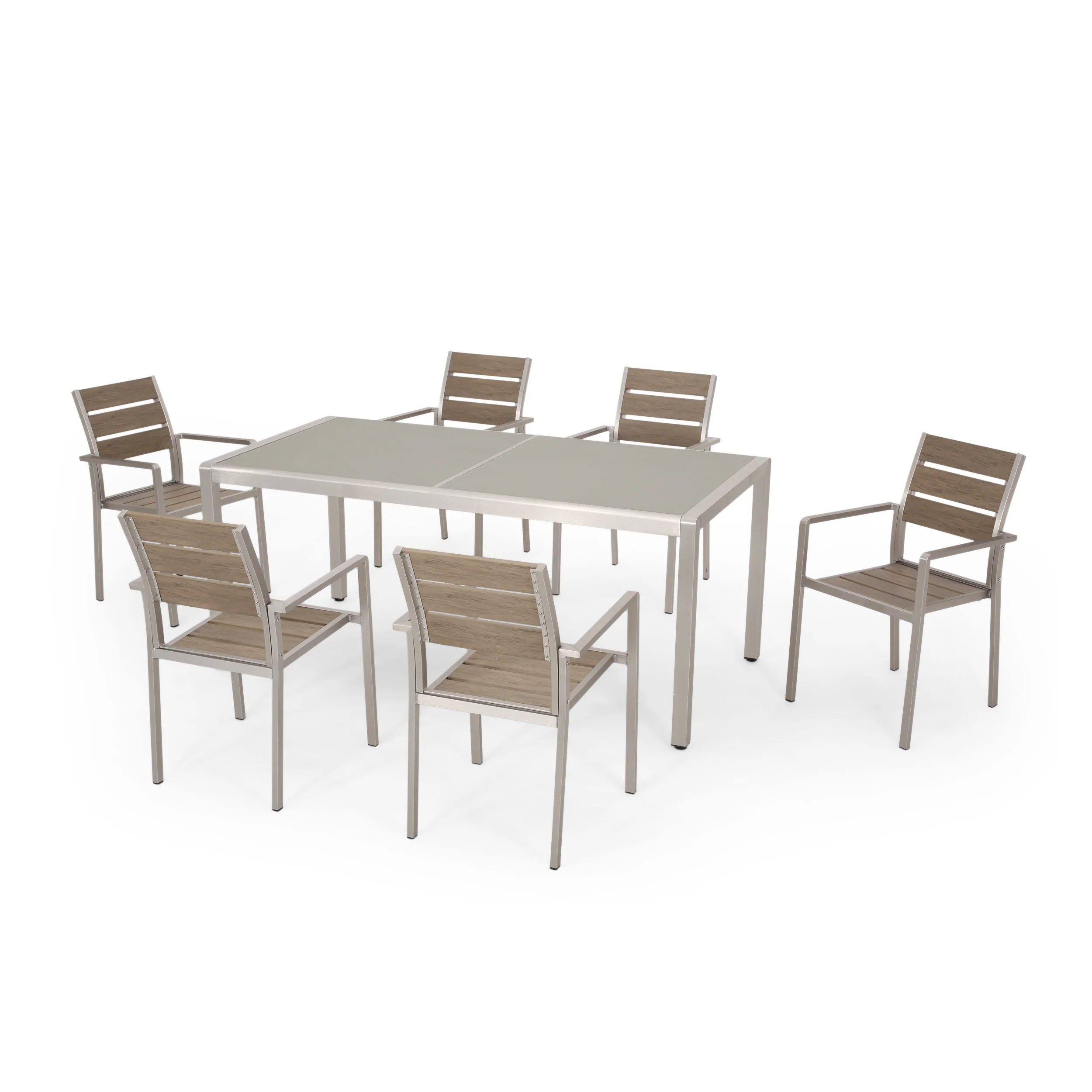 Cherie Outdoor Modern 6 Seater Aluminum Dining Set with Tempered Glass Table Top - furnishings