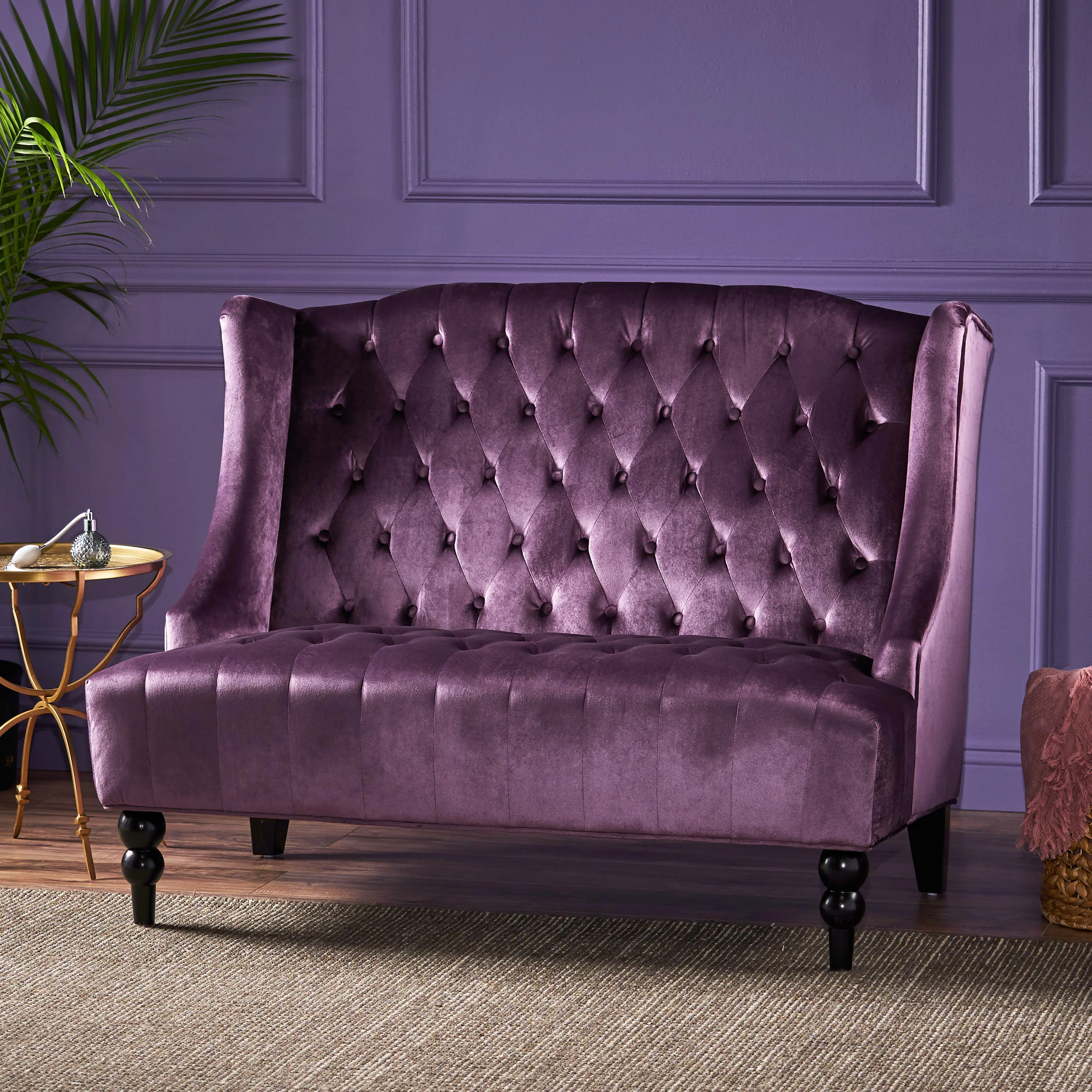 Leona French Style High Back Tufted Winged Velvet Loveseat - furnishings