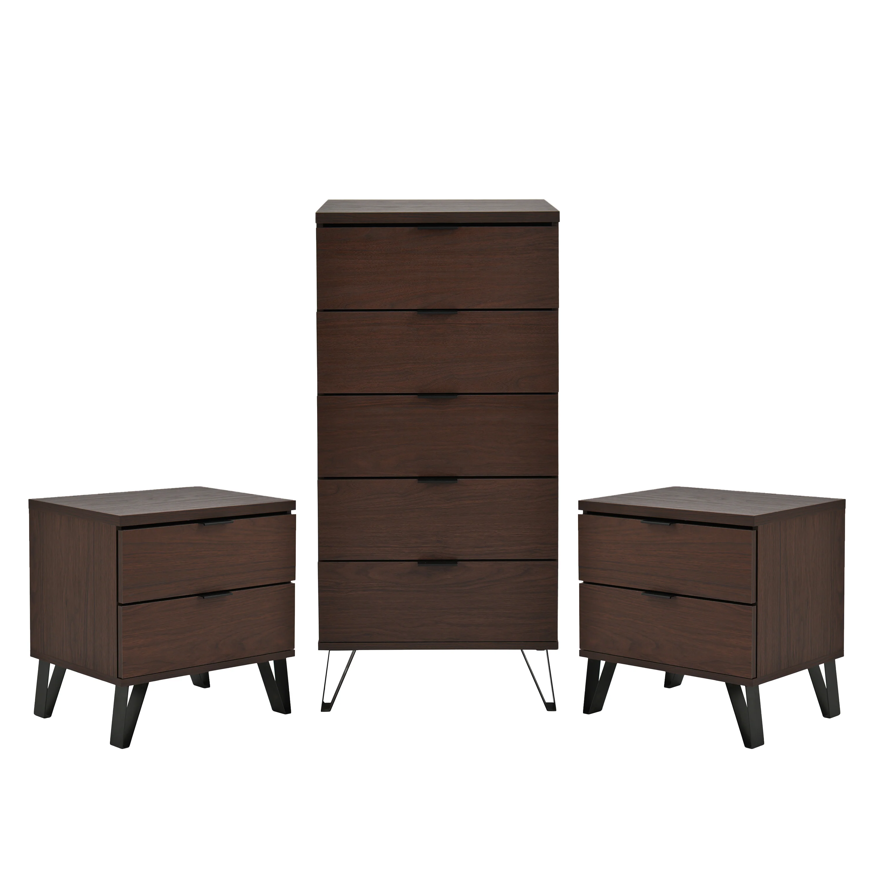 Demijen Modern Industrial 3 Piece 5 Drawer Dresser and Nightstand Bedroom Set, Walnut and Matte Black - furnishings