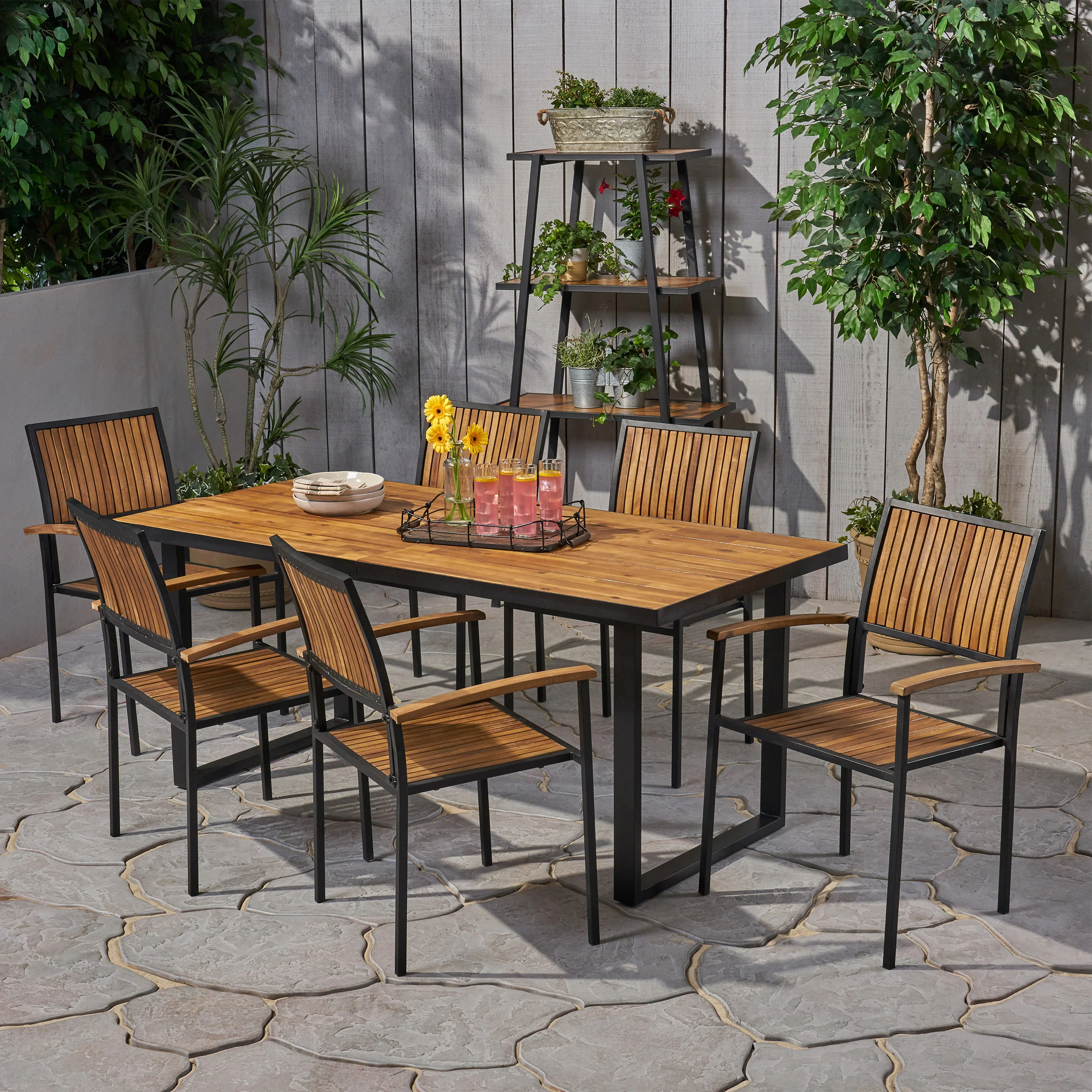 Stoic Outdoor 6 Seater Acacia Wood Dining Set with an Iron Frame - furnishings