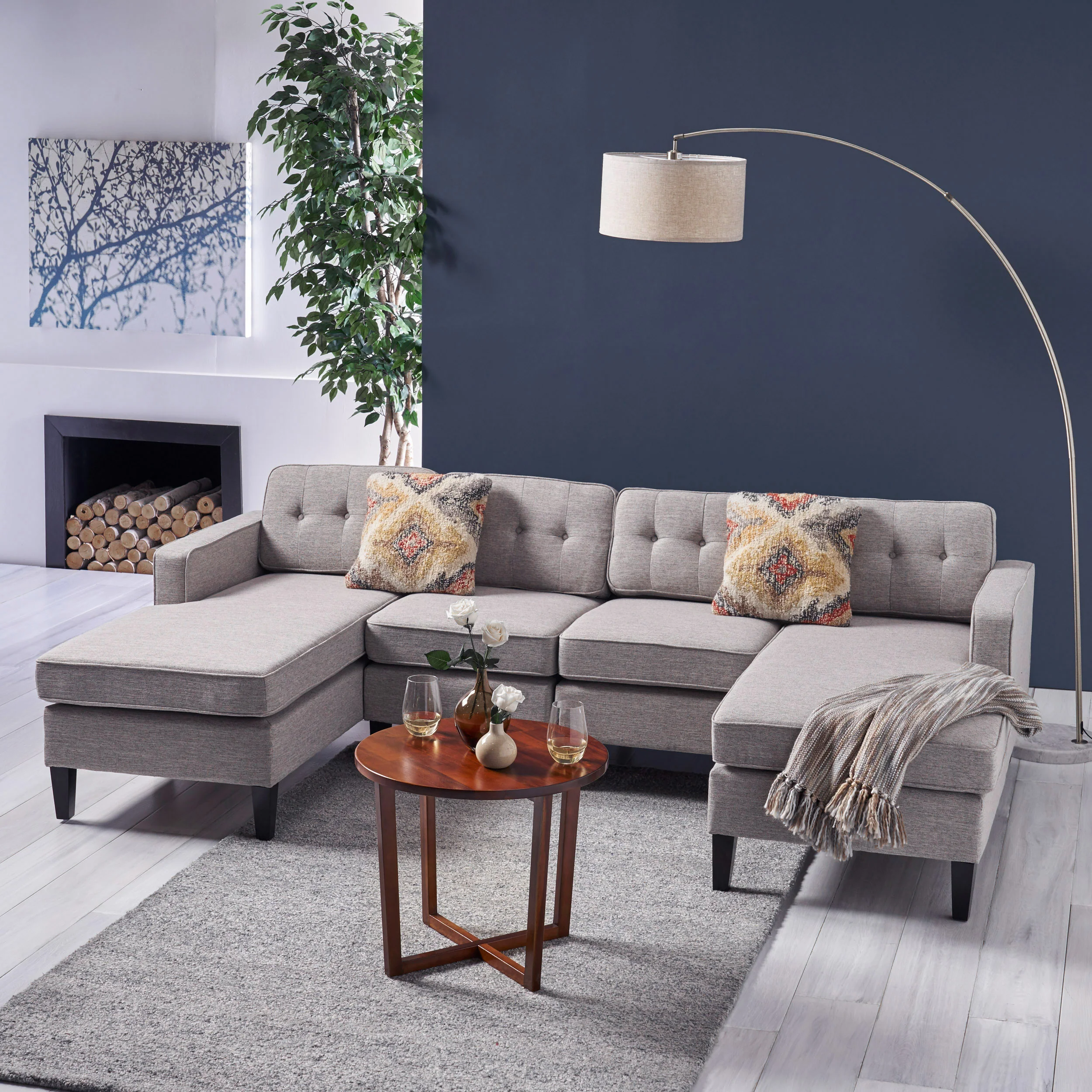 Grace Contemporary Fabric Chaise Sectional with Button Accents - furnishings