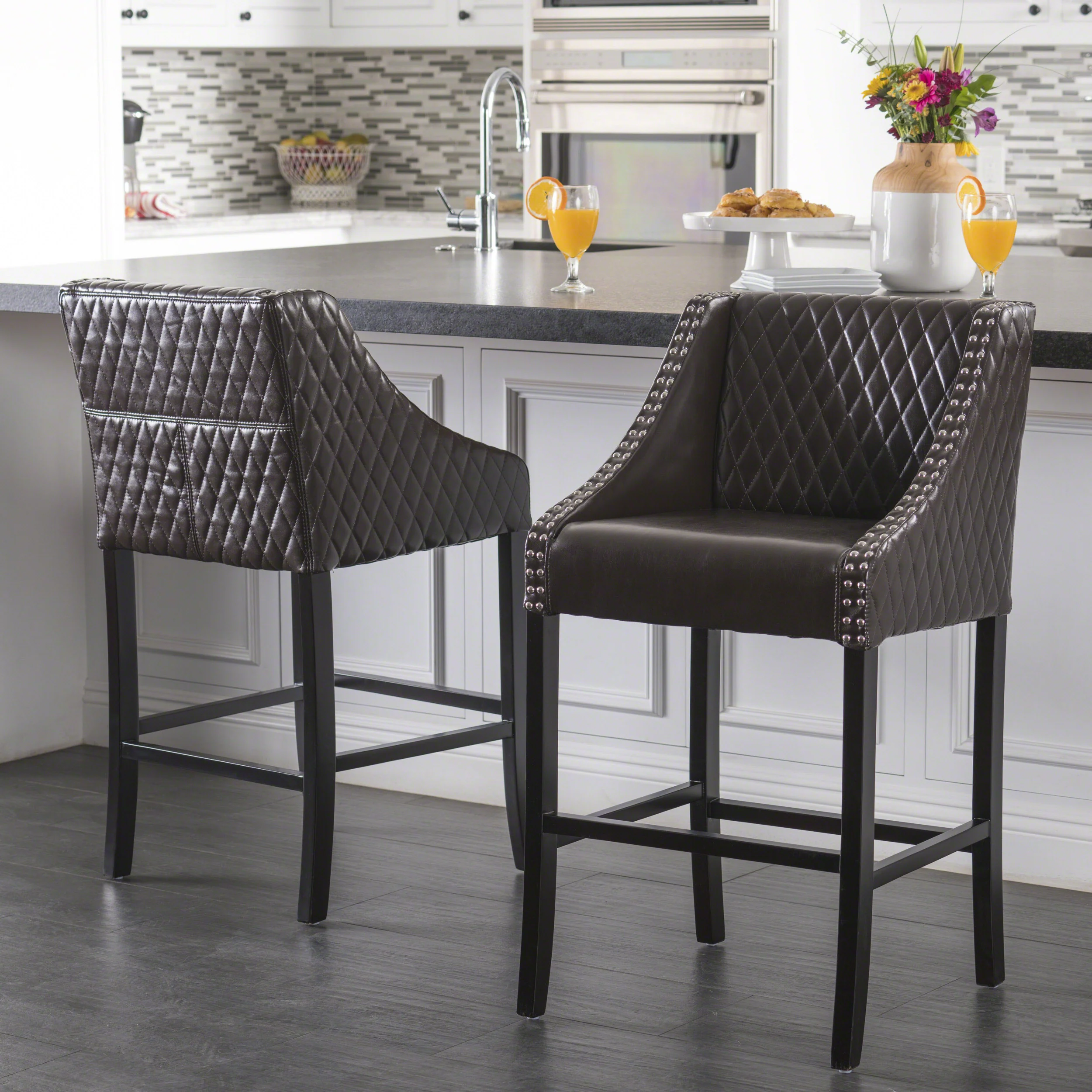 Larue Contemporary Quilted Brown Bonded Leather Barstool with Nailhead Trim - furnishings