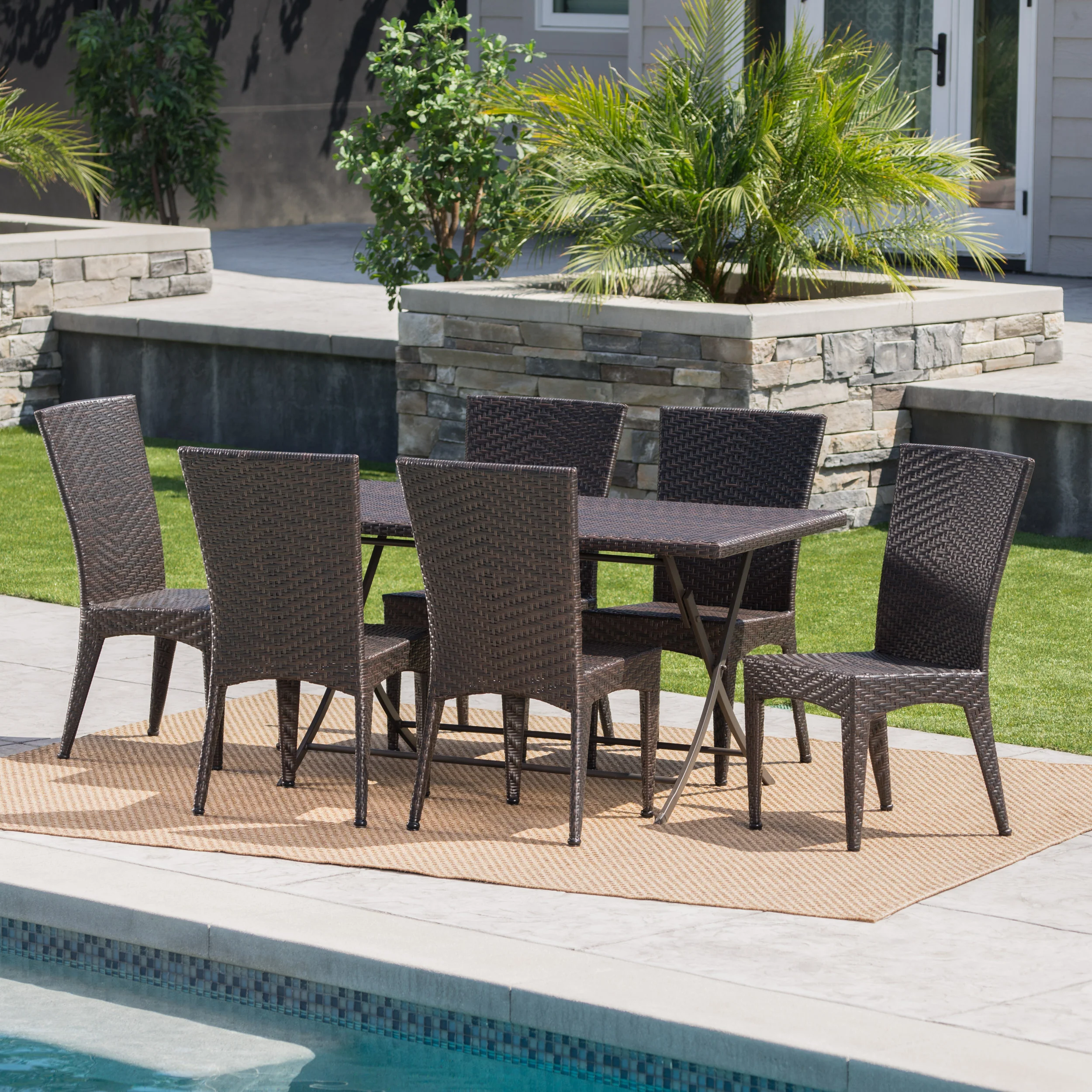 Adia Outdoor 7 Piece Multi-brown Wicker Dining Set with Foldable Table - furnishings