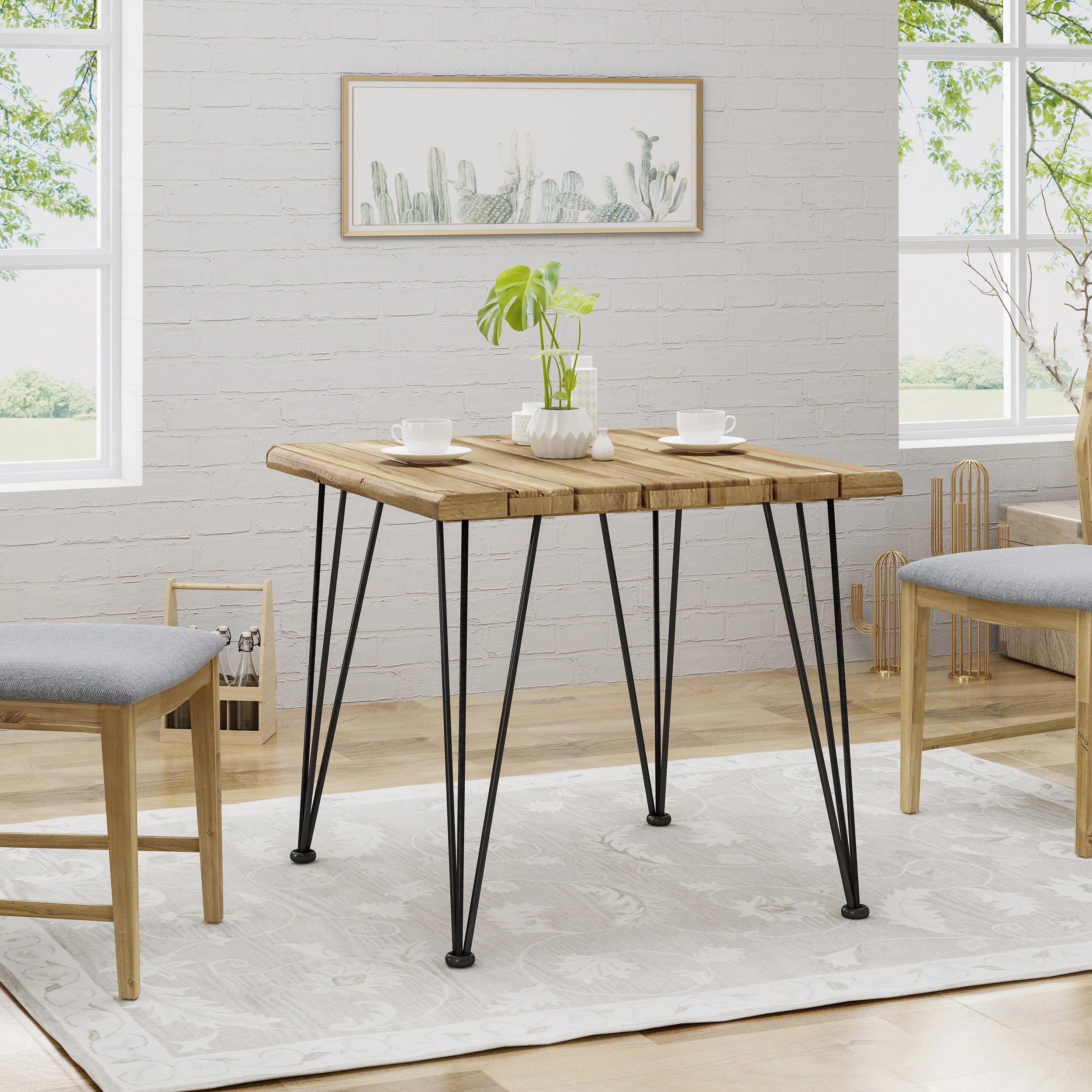 Avy Indoor/Outdoor Industrial Acacia Wood Dining Table, Teak and Rustic Metal - furnishings