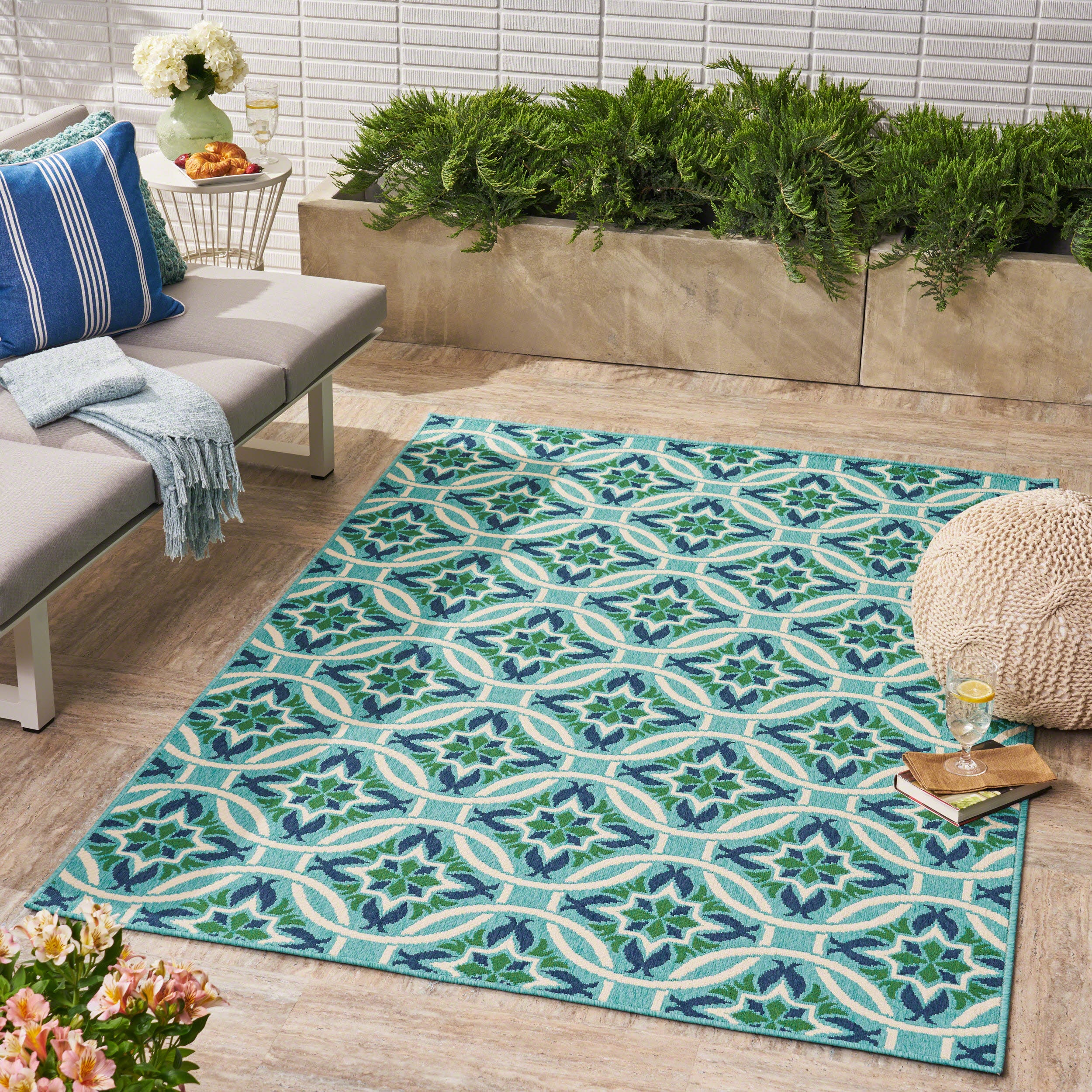 Foxwood Indoor/Outdoor Geometric Area Rug, Blue and Green - furnishings
